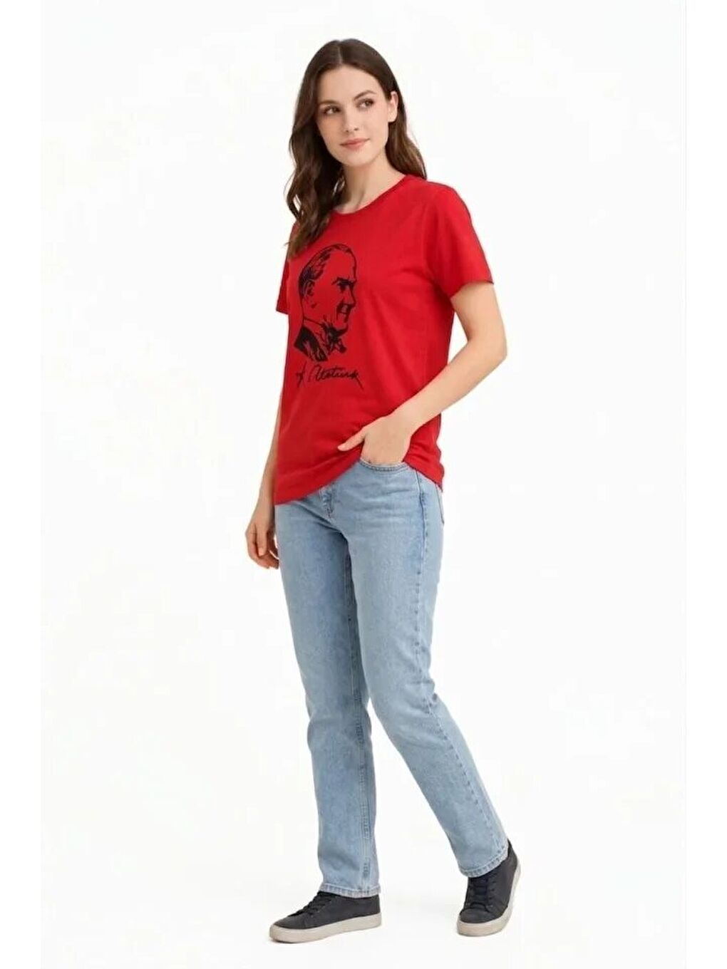 Atatürk Baskılı Tişört Kısa Kollu Bisiklet Yaka T-Shirt - Kırmızı-1