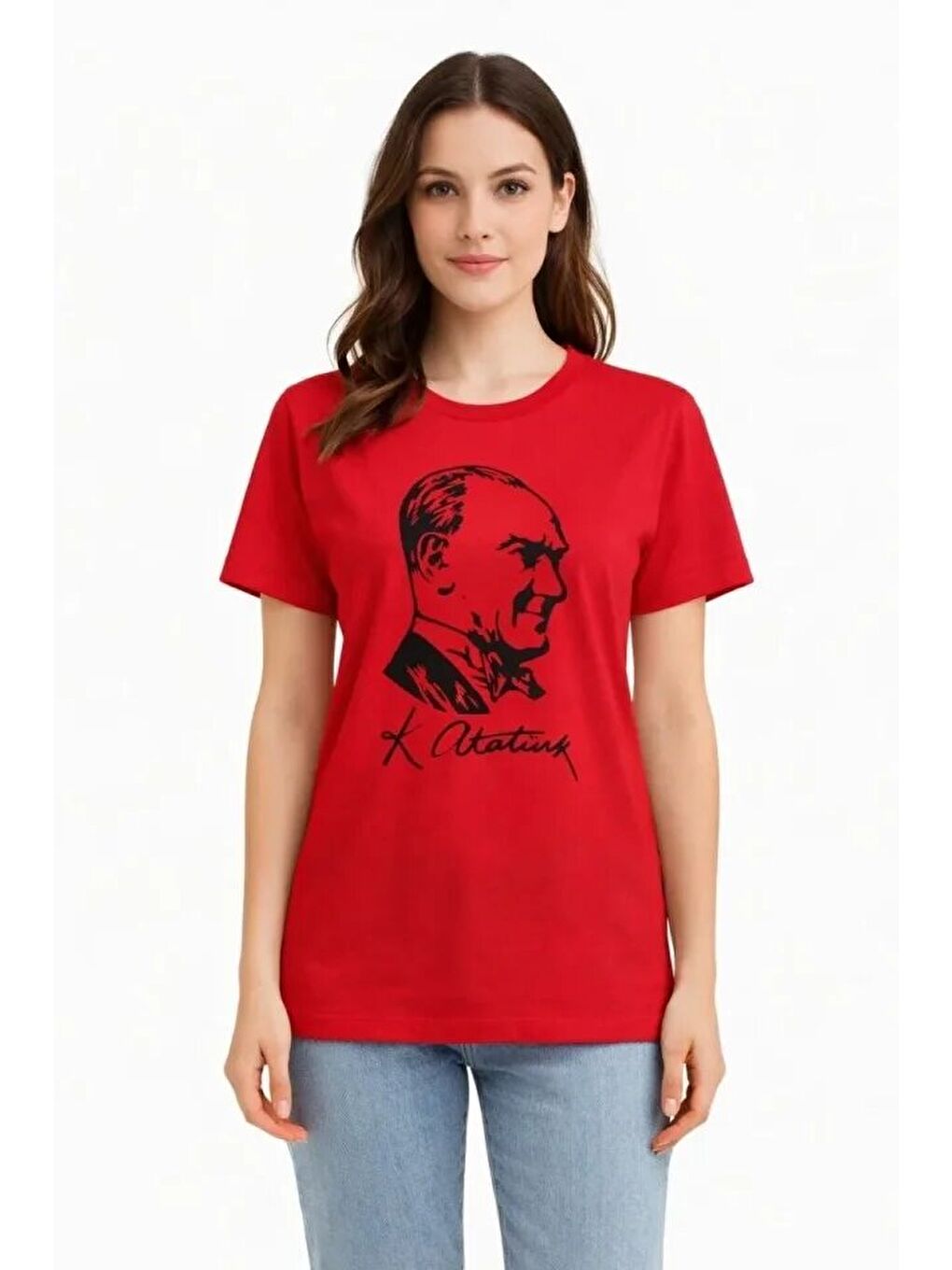 Atatürk Baskılı Tişört Kısa Kollu Bisiklet Yaka T-Shirt - Kırmızı-2