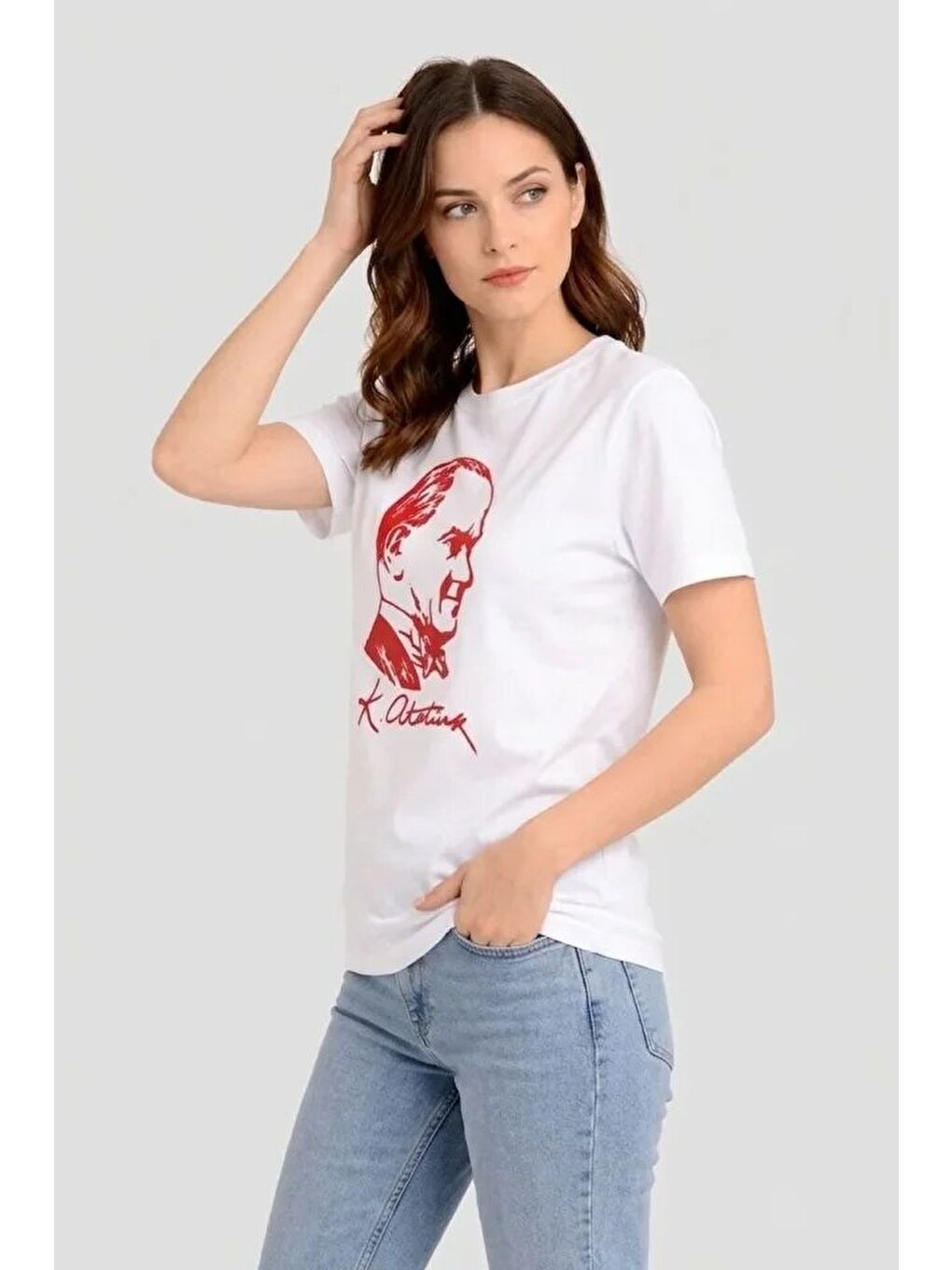 Atatürk Baskılı Tişört Kısa Kollu Bisiklet Yaka T-Shirt - Beyaz-2