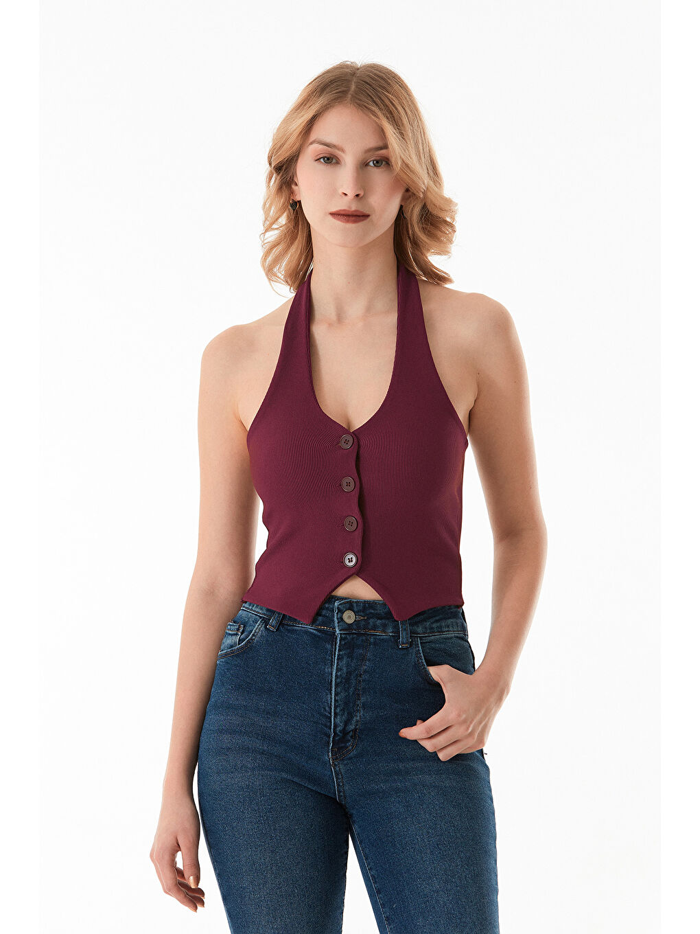 Bordo Boyundan Geçmeli Düğmeli Yelek