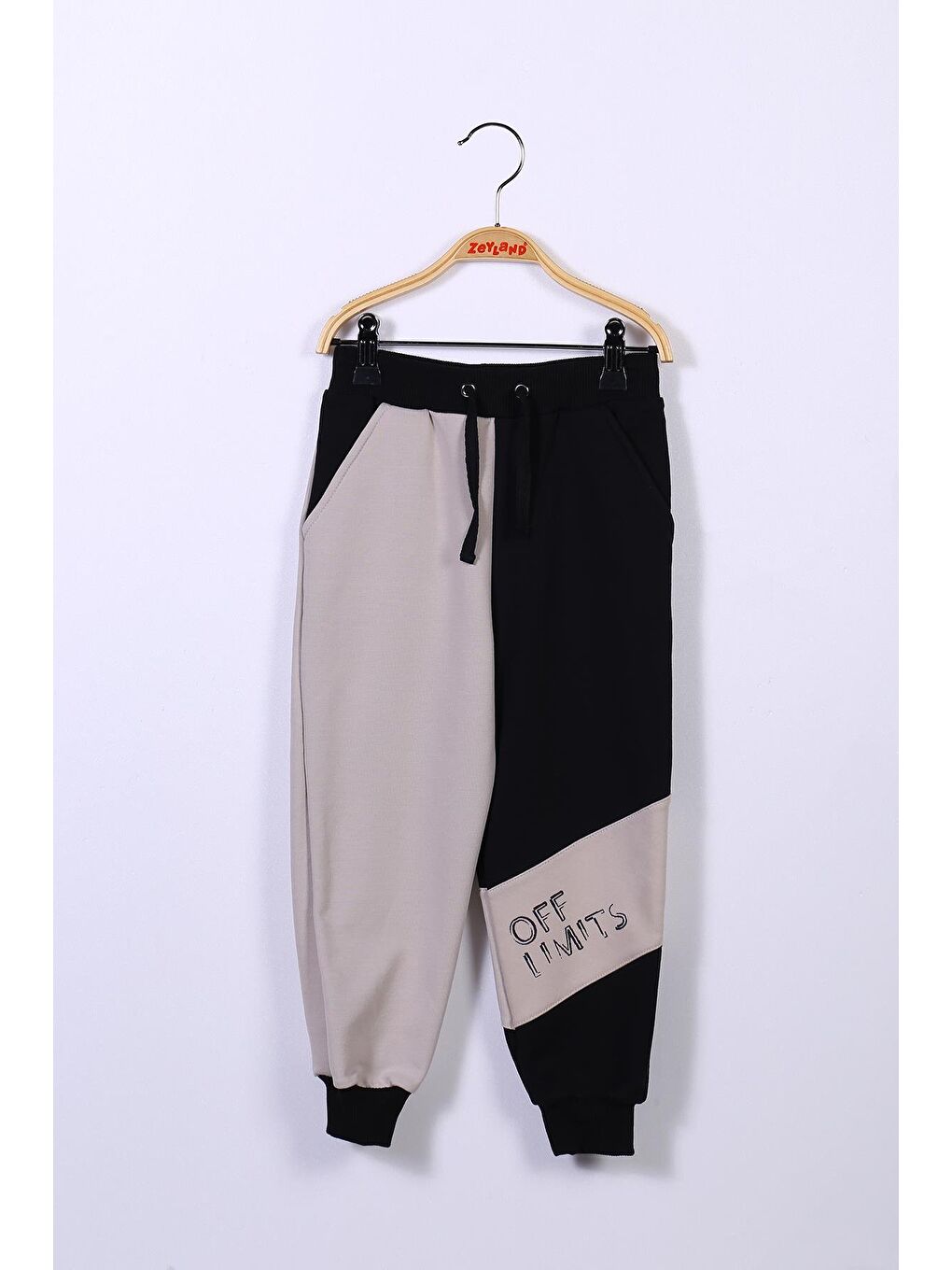 Bej Erkek Çocuk Beli Lastikli Renk Bloklu Jogger Eşofman Altı-1