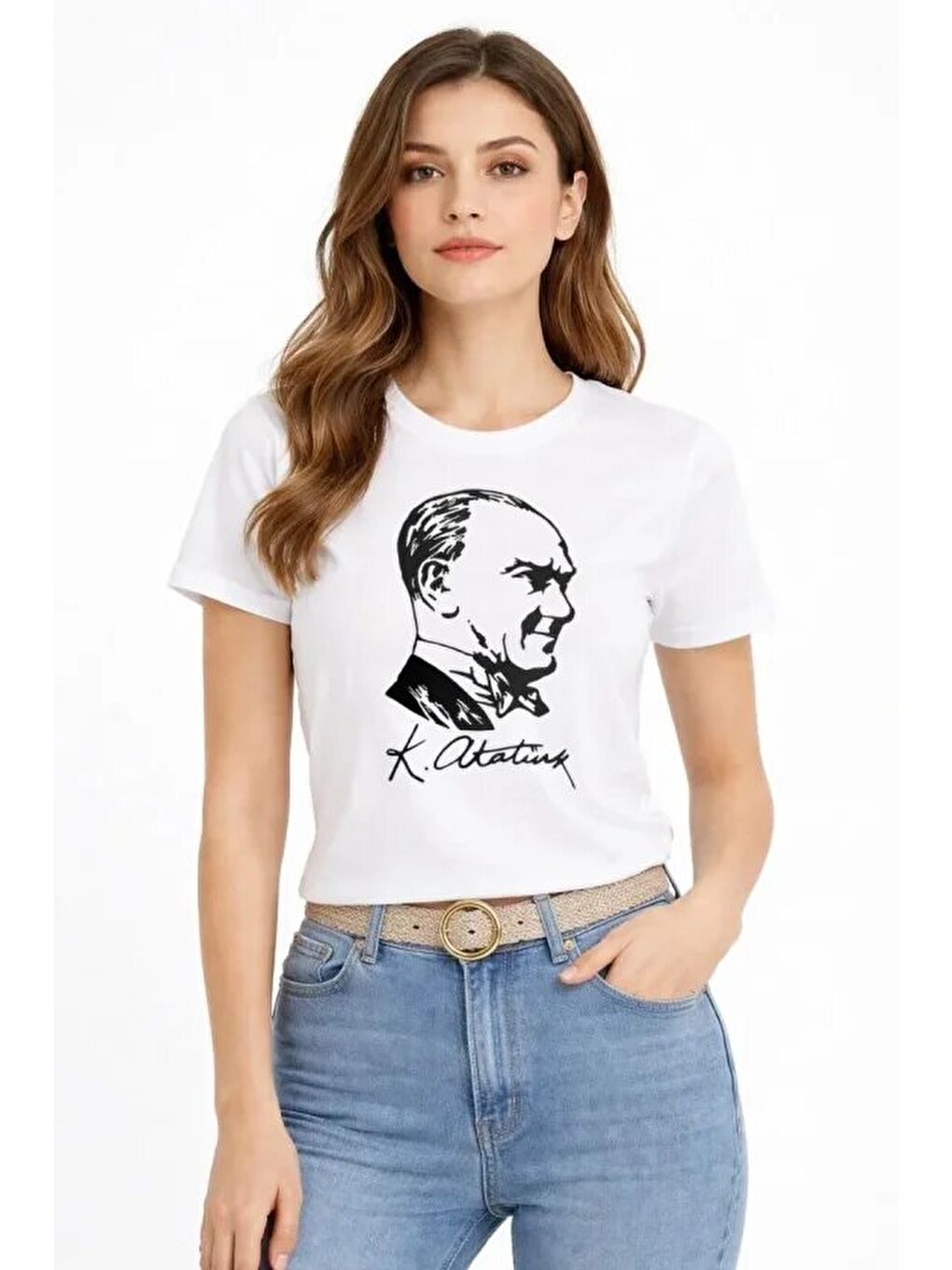 Atatürk Baskılı Tişört Kısa Kollu Bisiklet Yaka T-Shirt - Beyaz