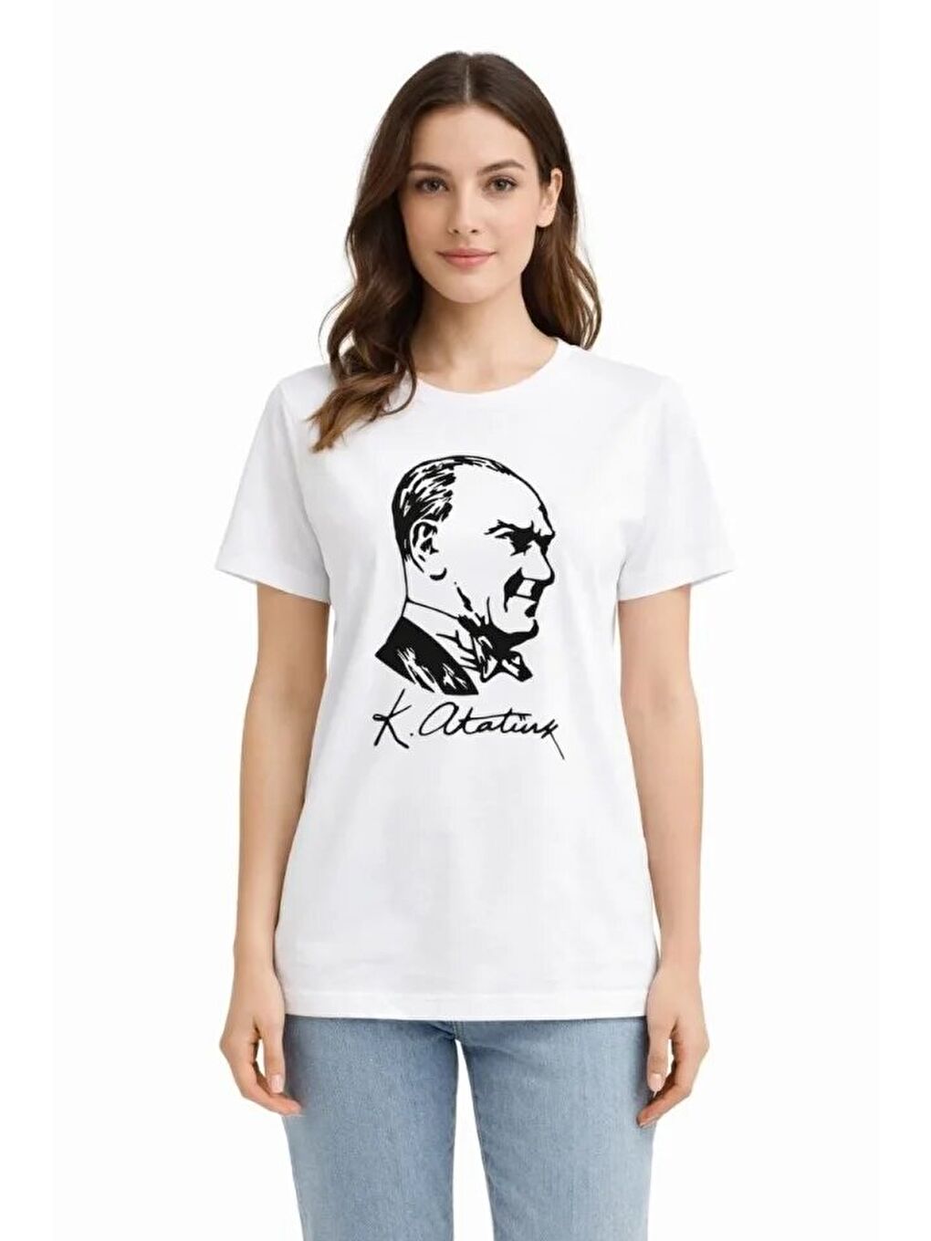 Atatürk Baskılı Tişört Kısa Kollu Bisiklet Yaka T-Shirt - Beyaz-1