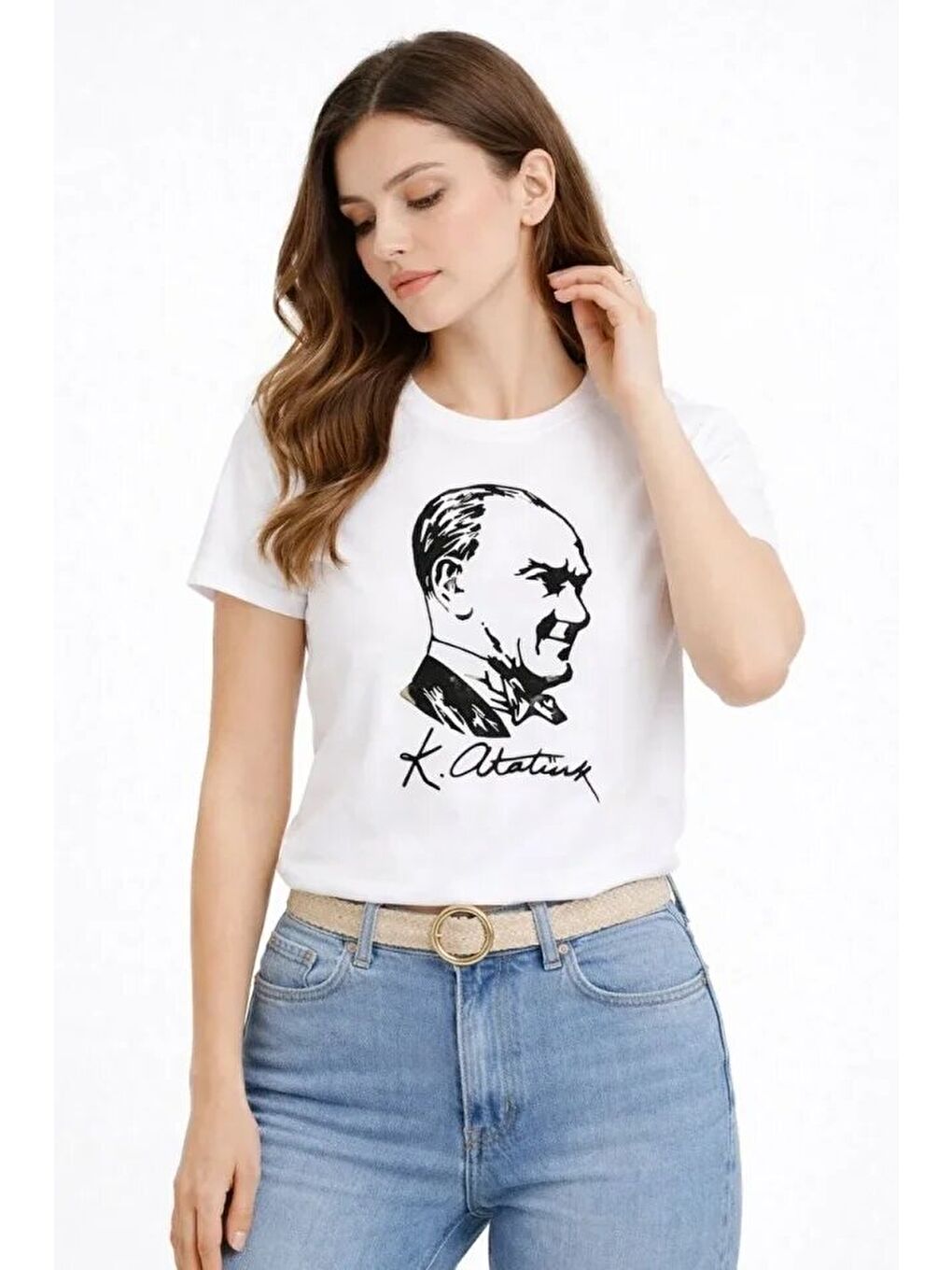 Atatürk Baskılı Tişört Kısa Kollu Bisiklet Yaka T-Shirt - Beyaz-2