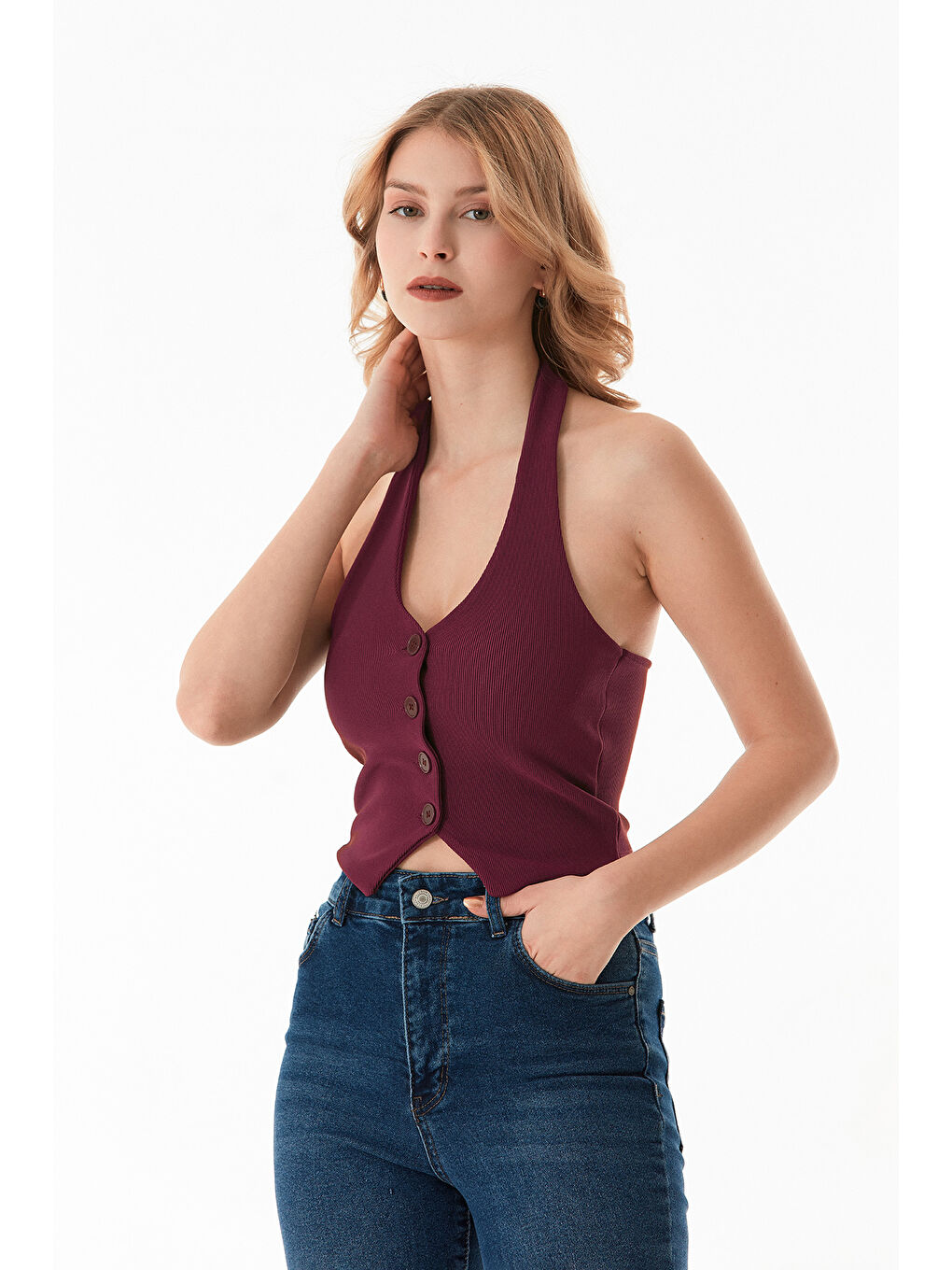 Bordo Boyundan Geçmeli Düğmeli Yelek-1