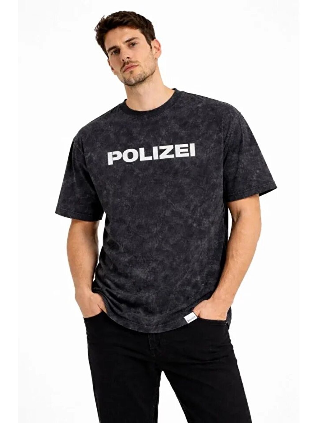 Siyah Erkek Asit Yıkamalı Baskılı Tişört Bisiklet Yaka Kısa Kollu-1