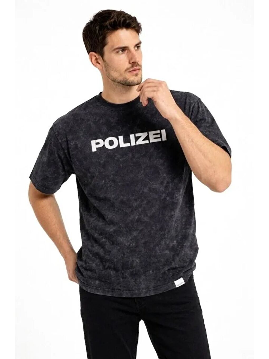 Siyah Erkek Asit Yıkamalı Baskılı Tişört Bisiklet Yaka Kısa Kollu-2