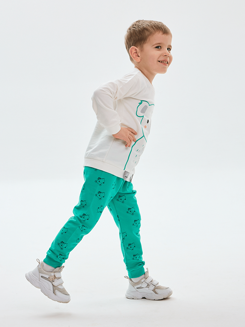 Yeşil Bisiklet Yaka Baskılı Erkek Bebek Sweatshirt ve Eşofman Alt 2'li Takım-1