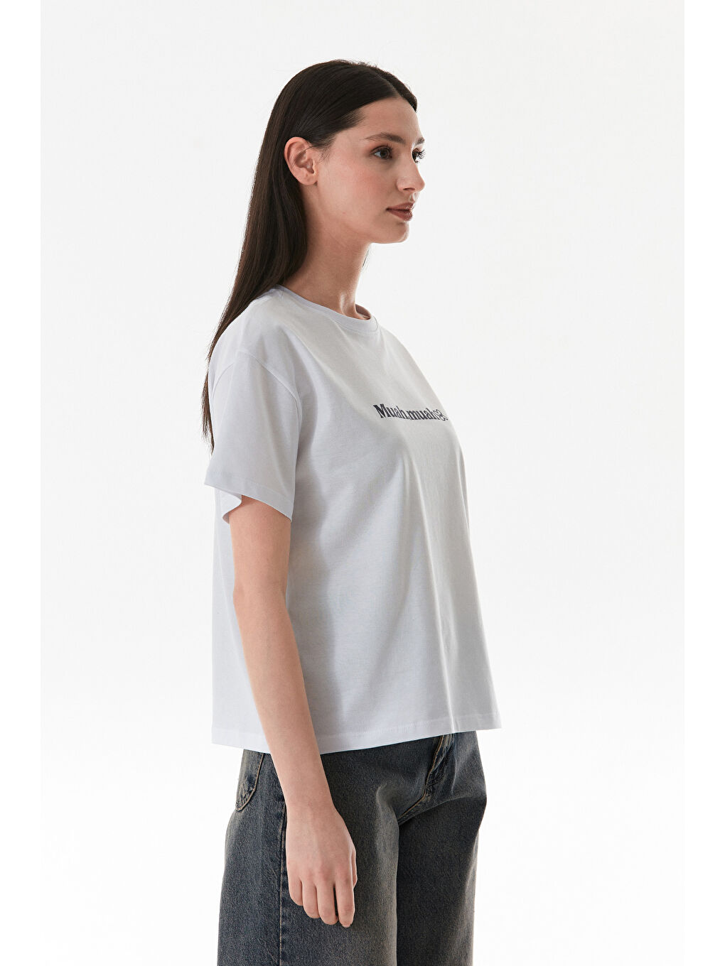 Beyaz Yazı Baskılı Bisiklet Yaka Tişört-2