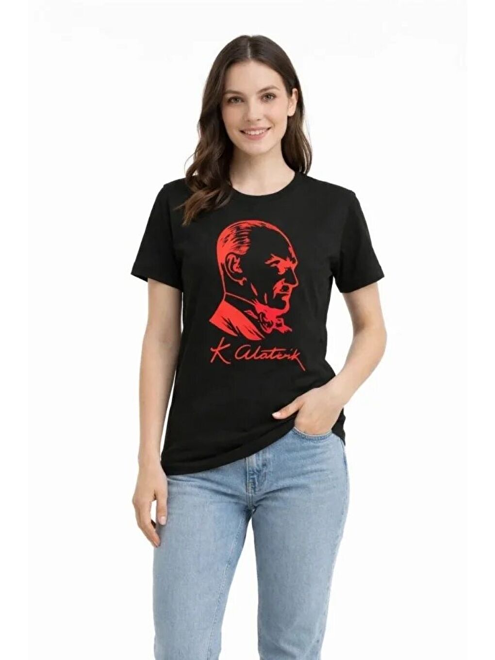 Atatürk Baskılı Tişört Kısa Kollu Bisiklet Yaka T-Shirt - Siyah-2