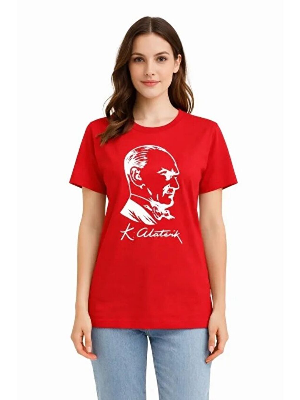 Atatürk Baskılı Tişört Kısa Kollu Bisiklet Yaka T-Shirt - Kırmızı