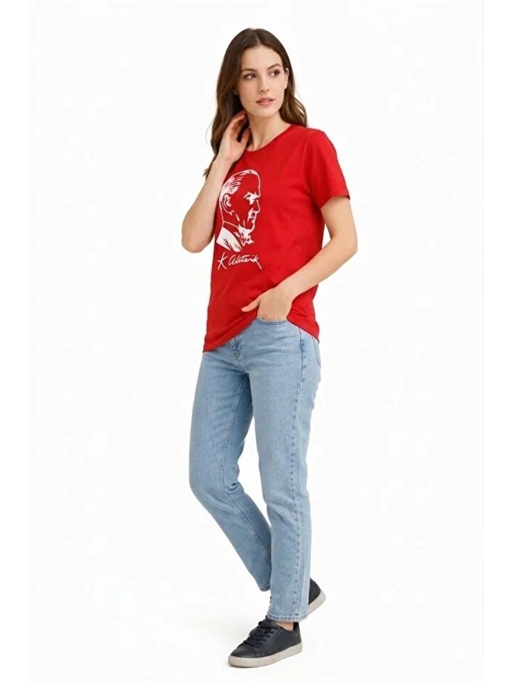 Atatürk Baskılı Tişört Kısa Kollu Bisiklet Yaka T-Shirt - Kırmızı-1