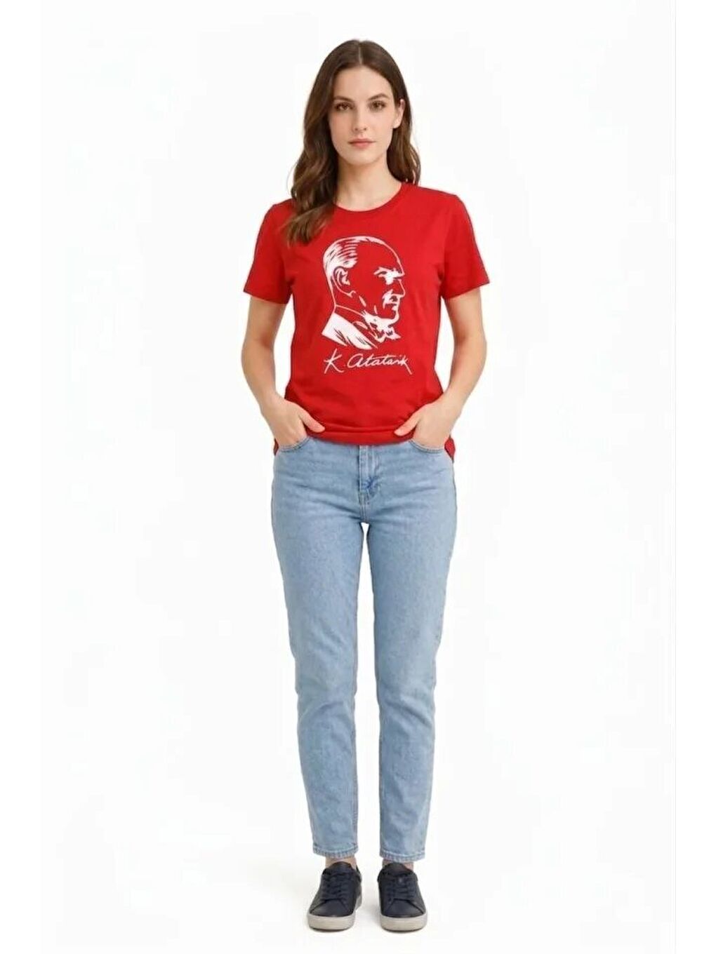 Atatürk Baskılı Tişört Kısa Kollu Bisiklet Yaka T-Shirt - Kırmızı-2