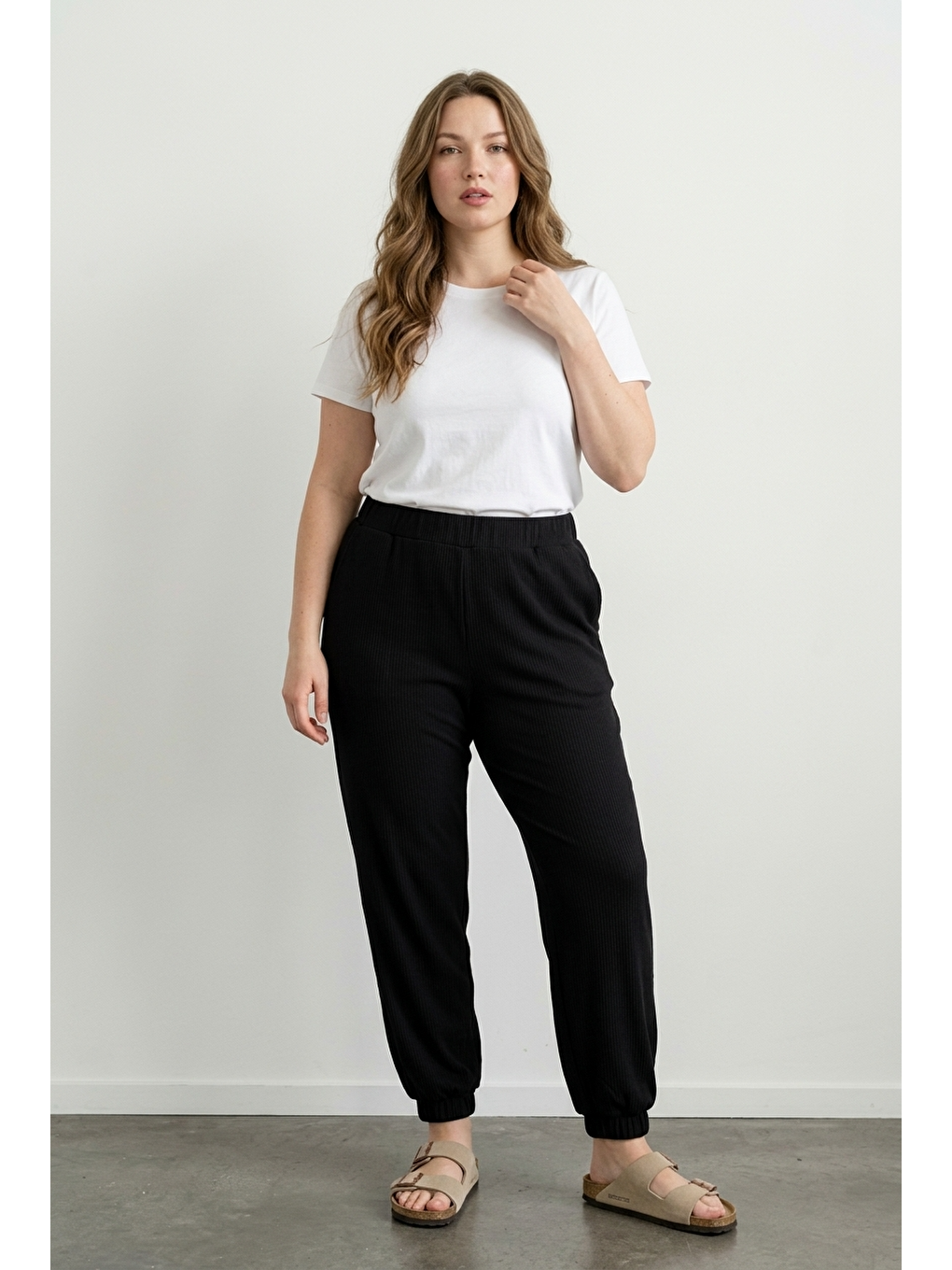 Siyah Beli Paçası Lastikli Fitilli Kumaş Esnek Kumaş Jogger Pantolon-1