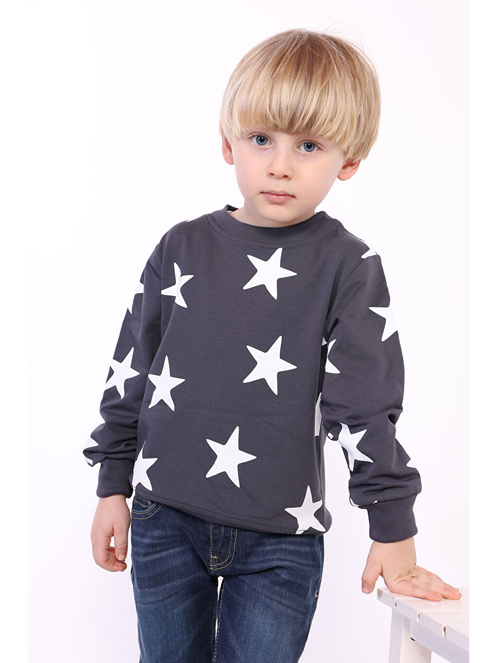 Gri Erkek Çocuk Komple Yıldız Baskılı Sweatshirt