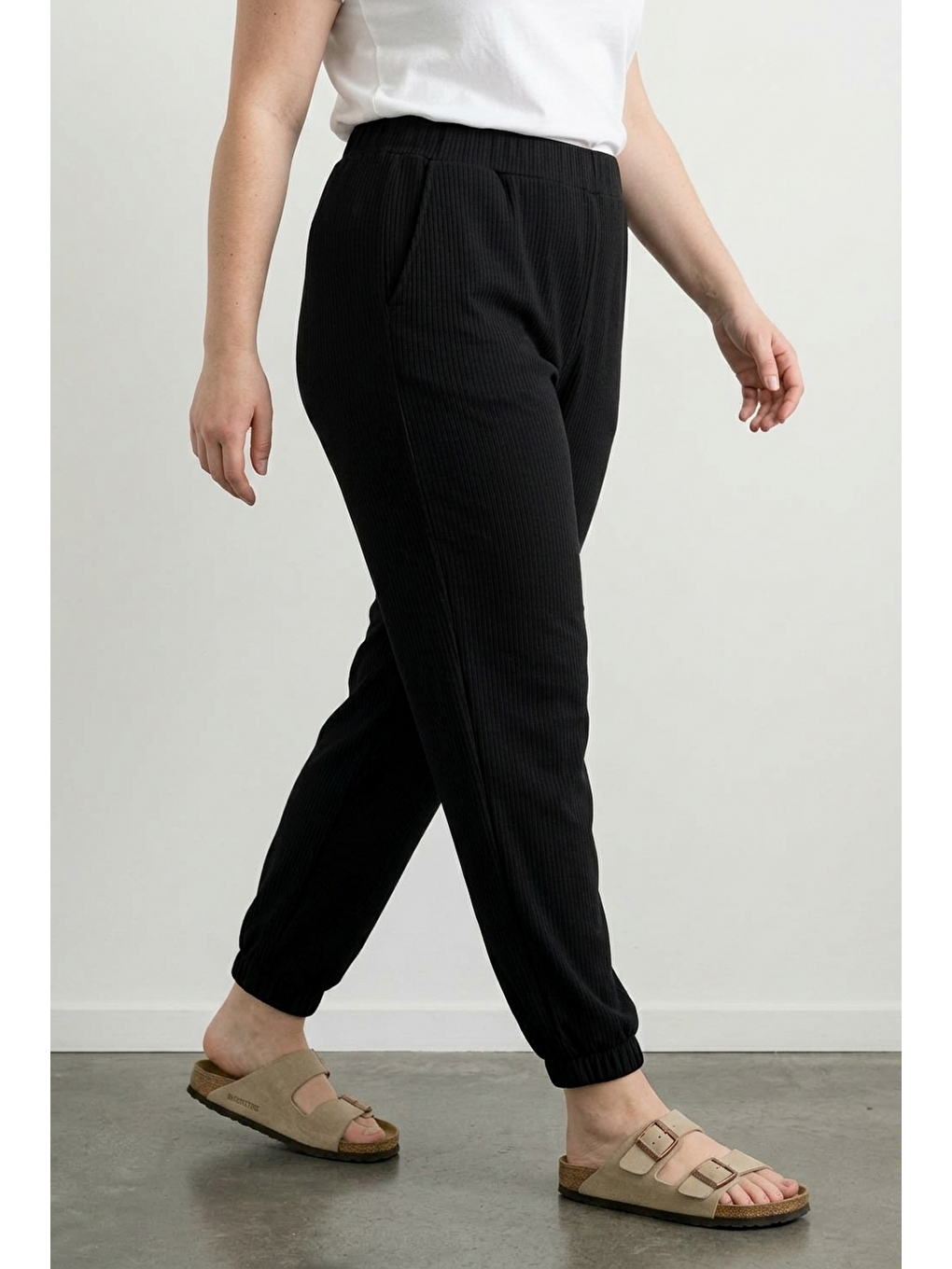 Siyah Beli Paçası Lastikli Fitilli Kumaş Esnek Kumaş Jogger Pantolon-3