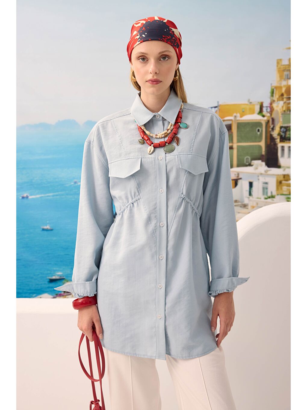 Verev Büzgü Detaylı Gömlek Bebe Mavi-1