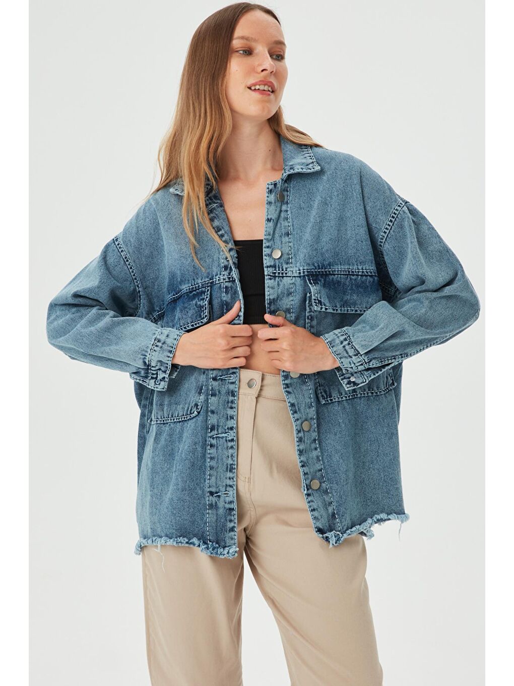 Kadın Mavi Garni Dikiş Detaylı OVersize Denim Ceket