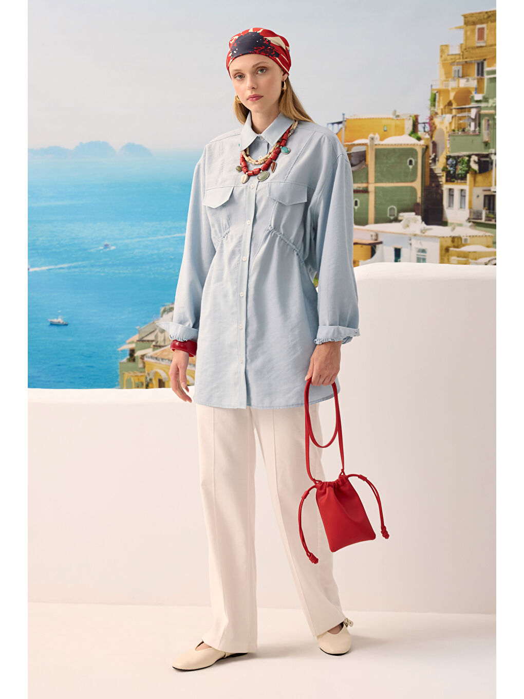 Verev Büzgü Detaylı Gömlek Bebe Mavi-3