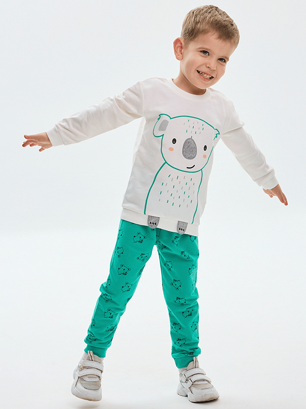 Yeşil Bisiklet Yaka Baskılı Erkek Bebek Sweatshirt ve Eşofman Alt 2'li Takım-2