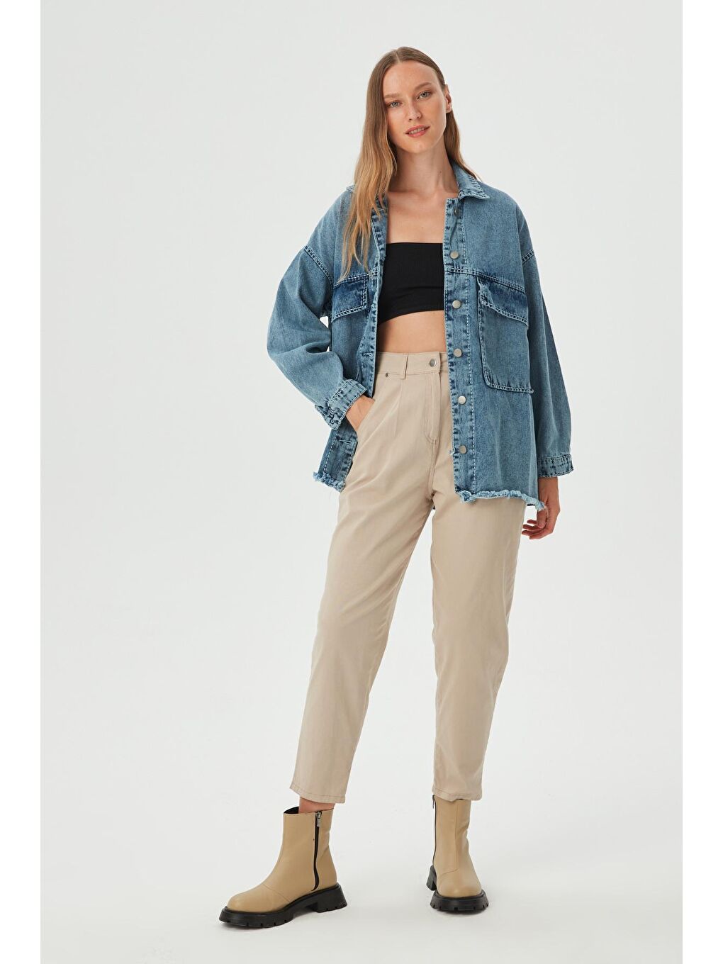 Kadın Mavi Garni Dikiş Detaylı OVersize Denim Ceket-2