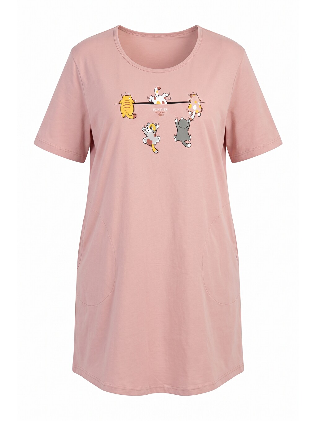 Pembe Büyük Beden Cepli Pijama Penye Gecelik-3