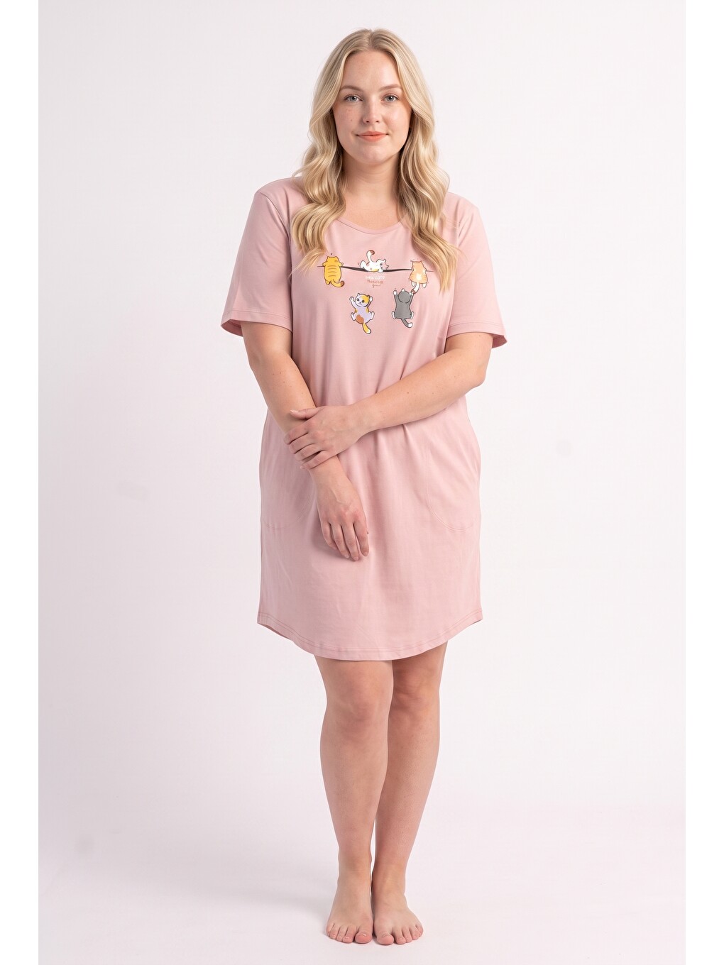 Pembe Büyük Beden Cepli Pijama Penye Gecelik-5