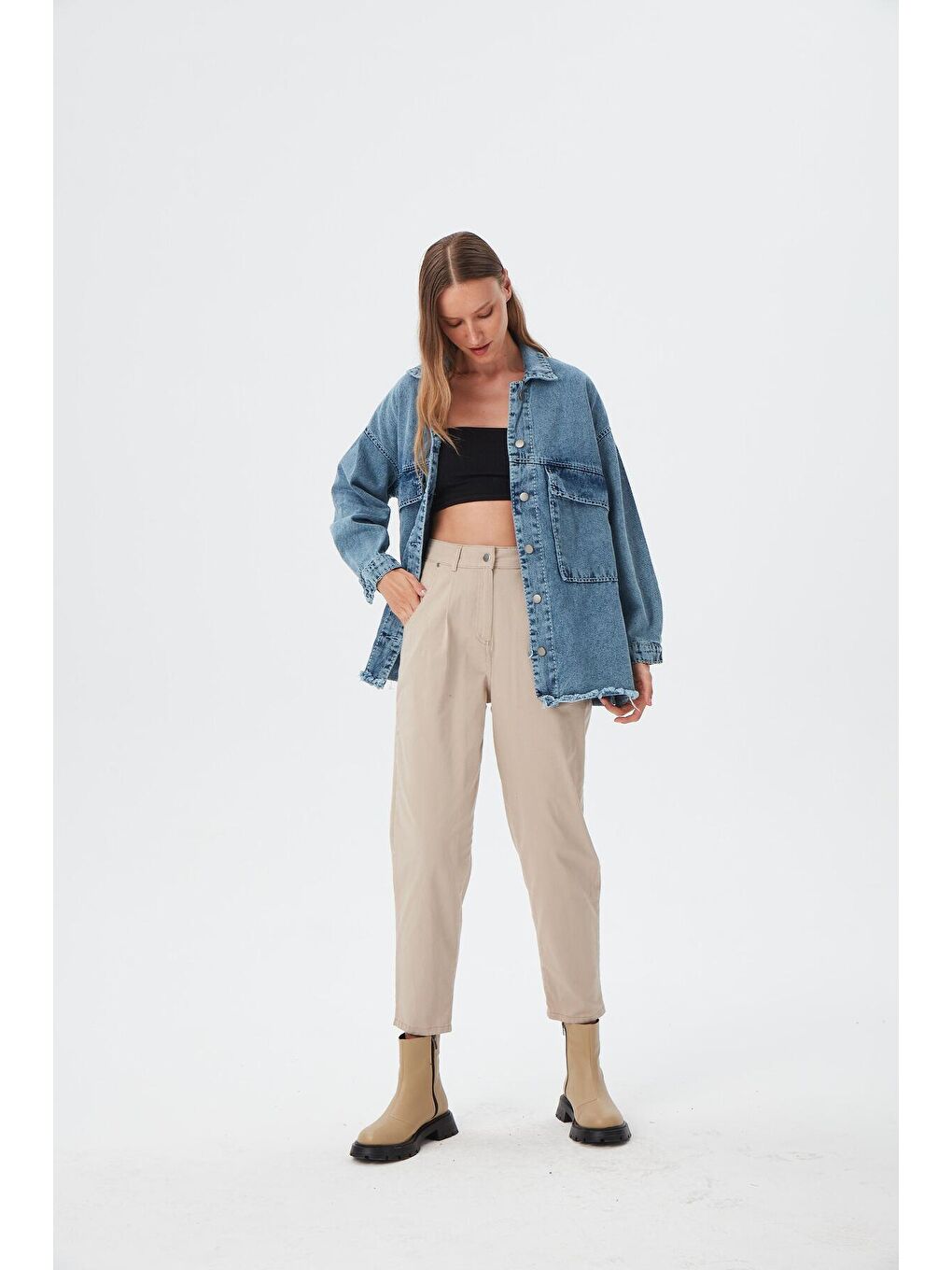 Kadın Mavi Garni Dikiş Detaylı OVersize Denim Ceket-3