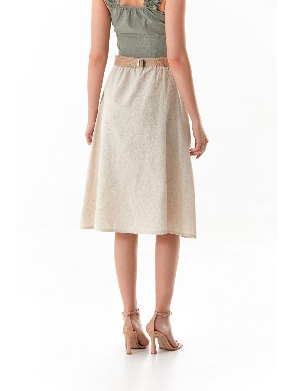 Bej Beli Kemerli Düğmeli Keten Etek-3