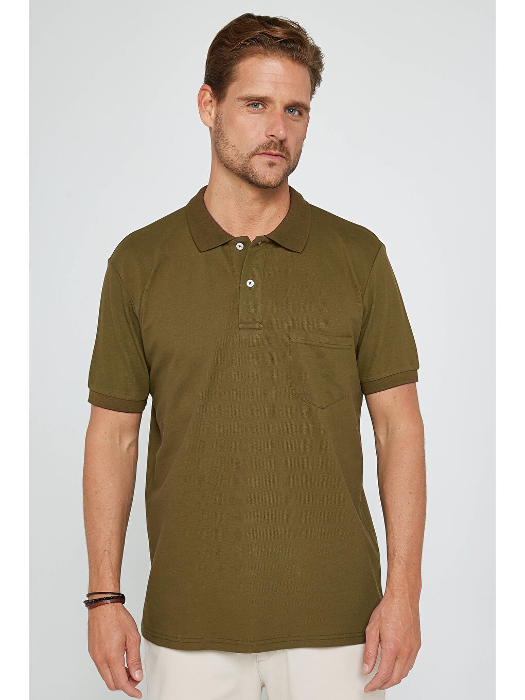 Erkek Regular Fit Klasik Kesim %100 Pamuk Düz Pike Haki Polo Yaka Tişört-3