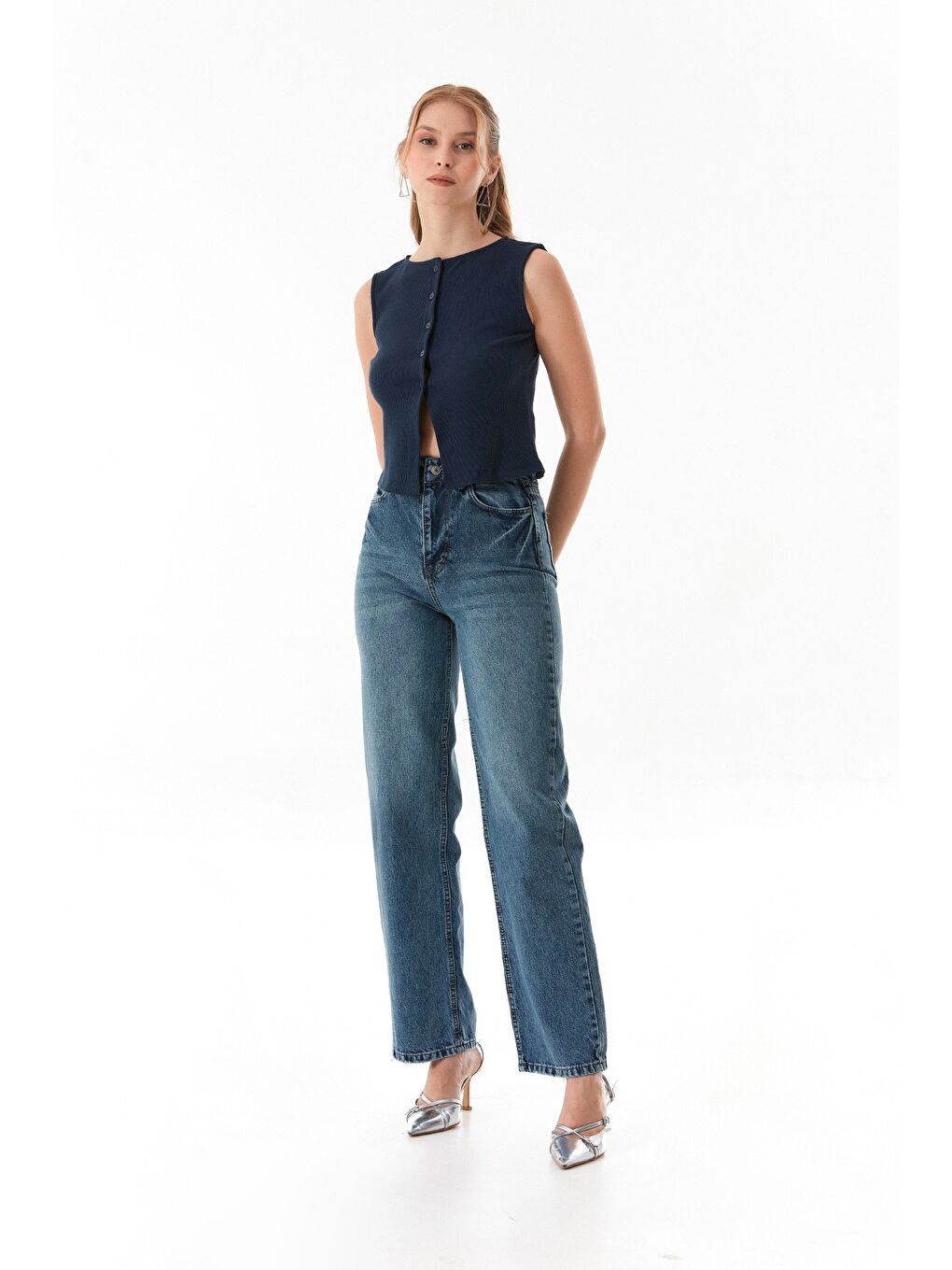 Mavi Yüksek Bel Paçası Yırtık Detaylı Palazzo Jean