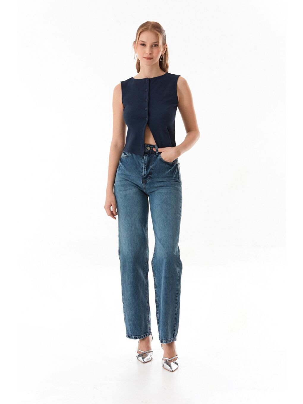 Mavi Yüksek Bel Paçası Yırtık Detaylı Palazzo Jean-1