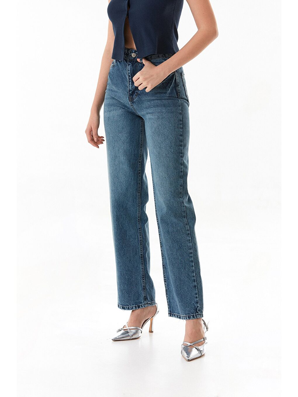 Mavi Yüksek Bel Paçası Yırtık Detaylı Palazzo Jean-2