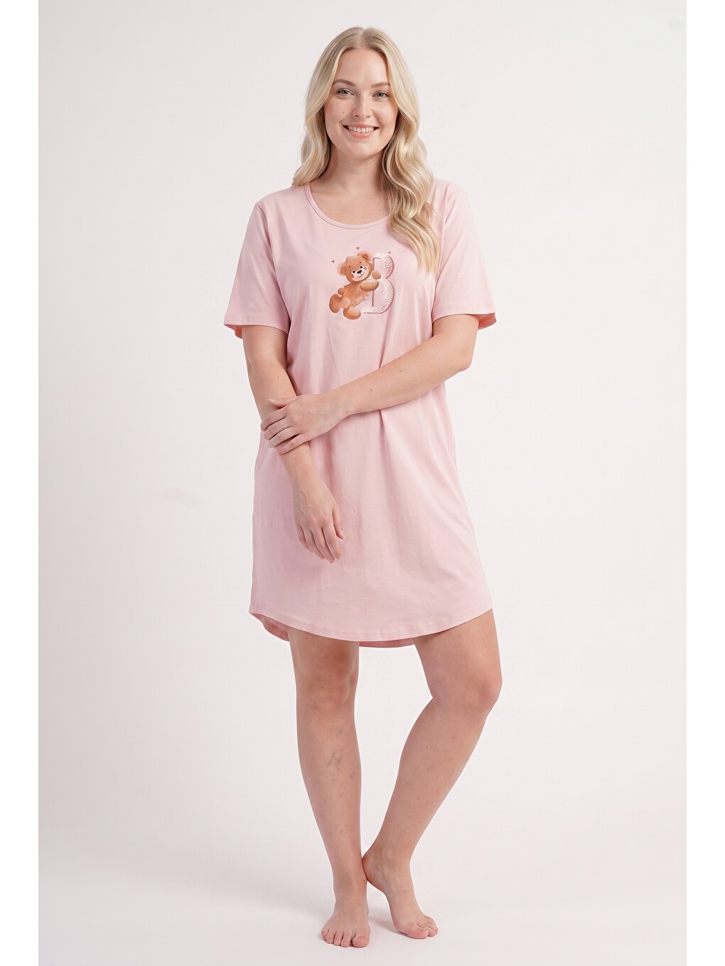 Pembe Büyük Beden Bisiklet Yaka Penye Pijama Gecelik