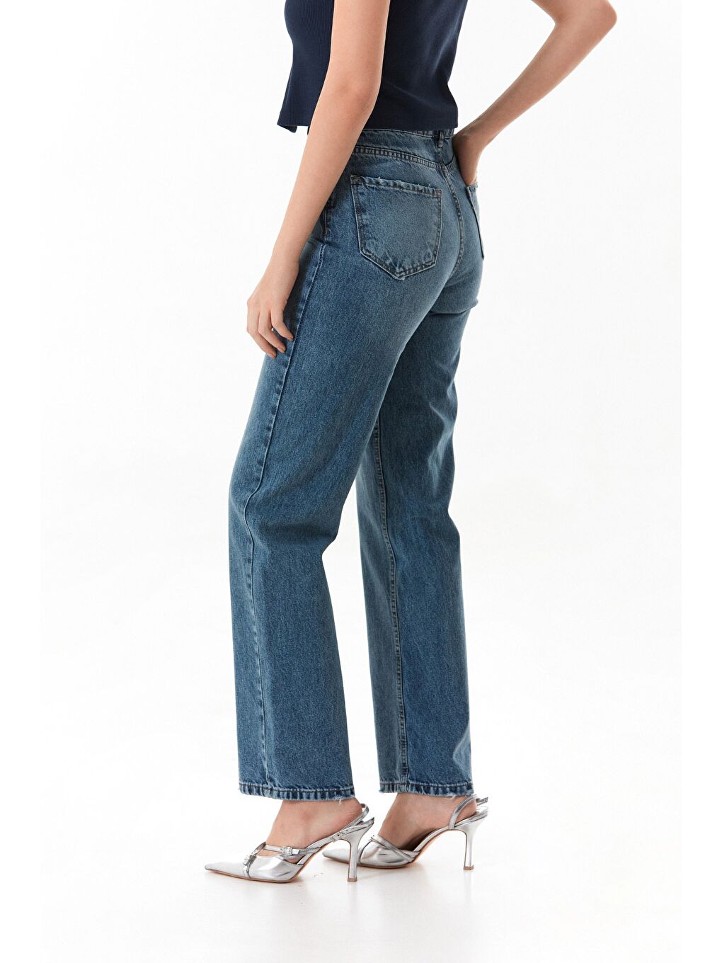 Mavi Yüksek Bel Paçası Yırtık Detaylı Palazzo Jean-3