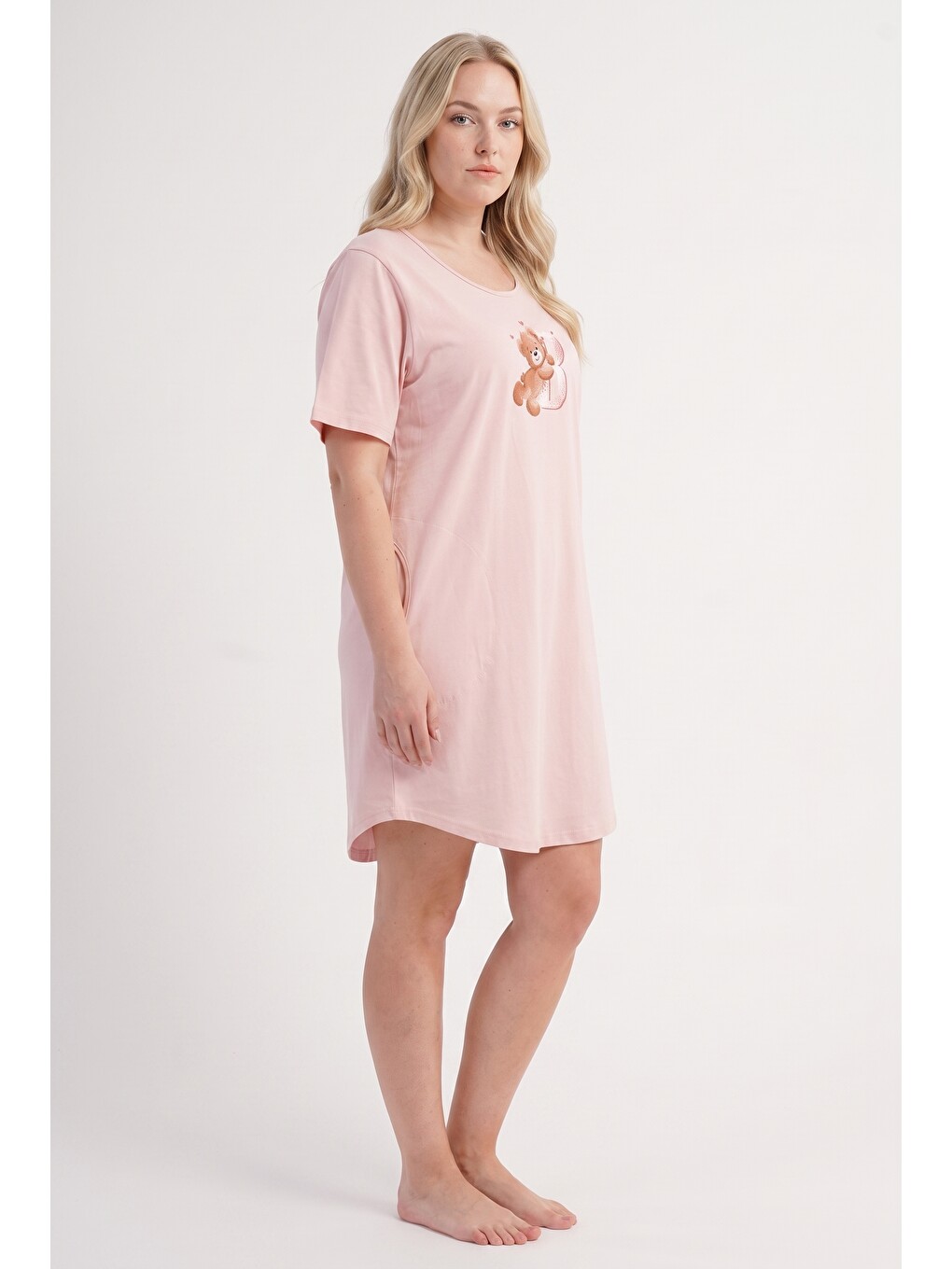Pembe Büyük Beden Bisiklet Yaka Penye Pijama Gecelik-1