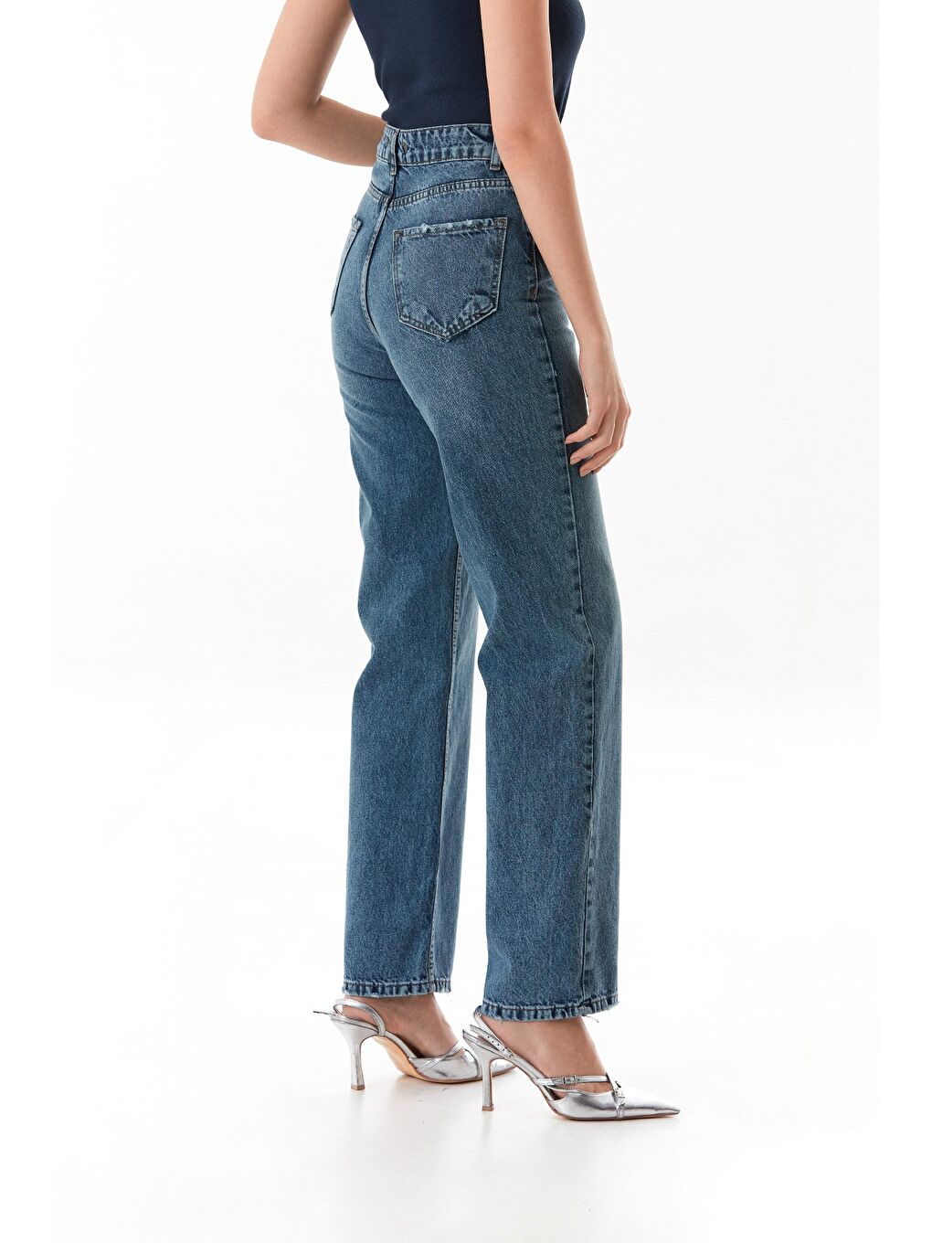 Mavi Yüksek Bel Paçası Yırtık Detaylı Palazzo Jean-4