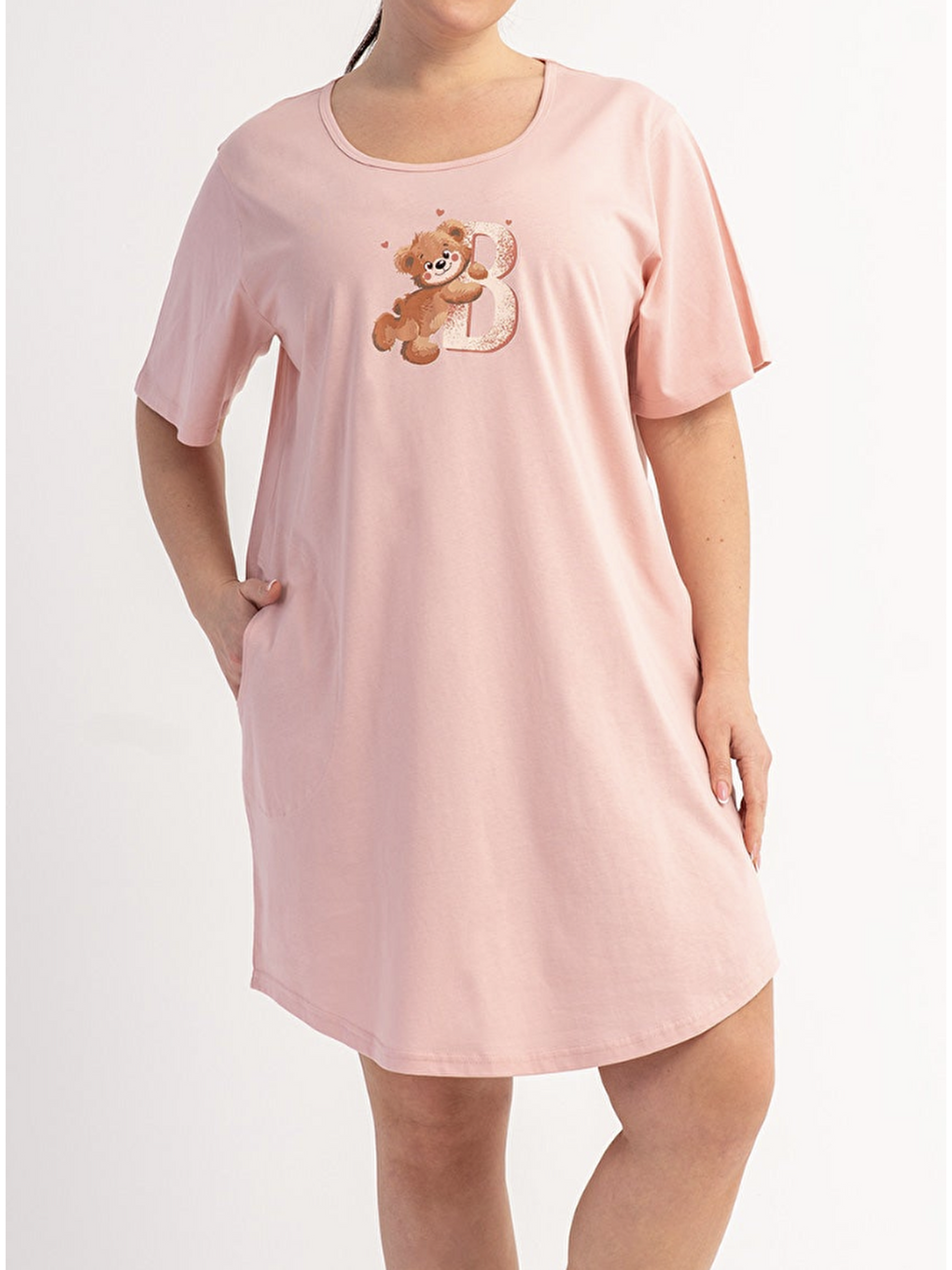 Pembe Büyük Beden Bisiklet Yaka Penye Pijama Gecelik-3