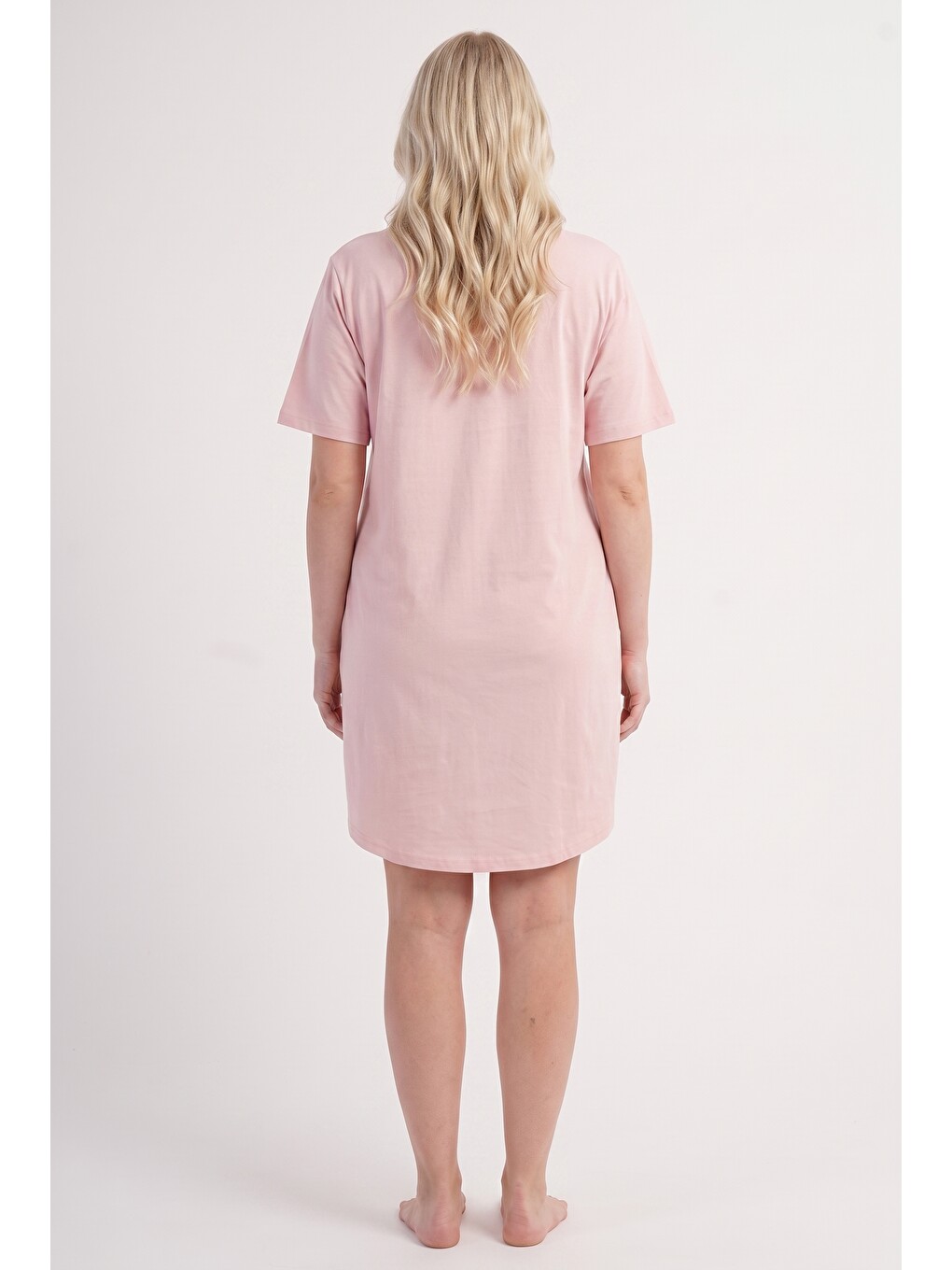 Pembe Büyük Beden Bisiklet Yaka Penye Pijama Gecelik-4