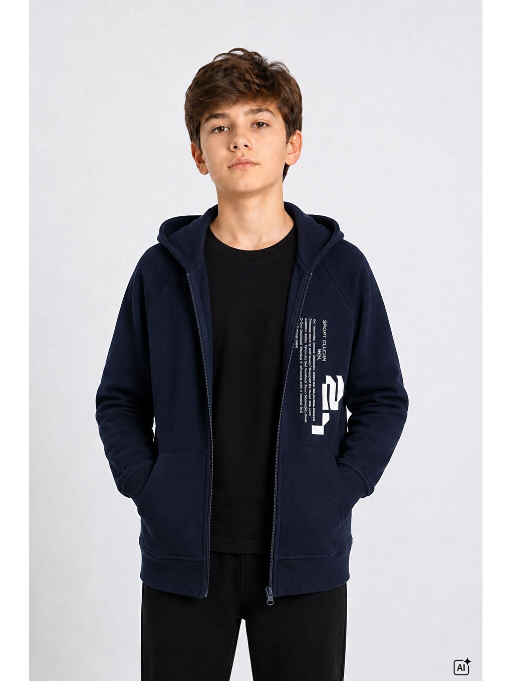 Lacivert Erkek Çocuk Yazı Baskılı Kapüşonlu Uzun Kol Hırka 24678-1