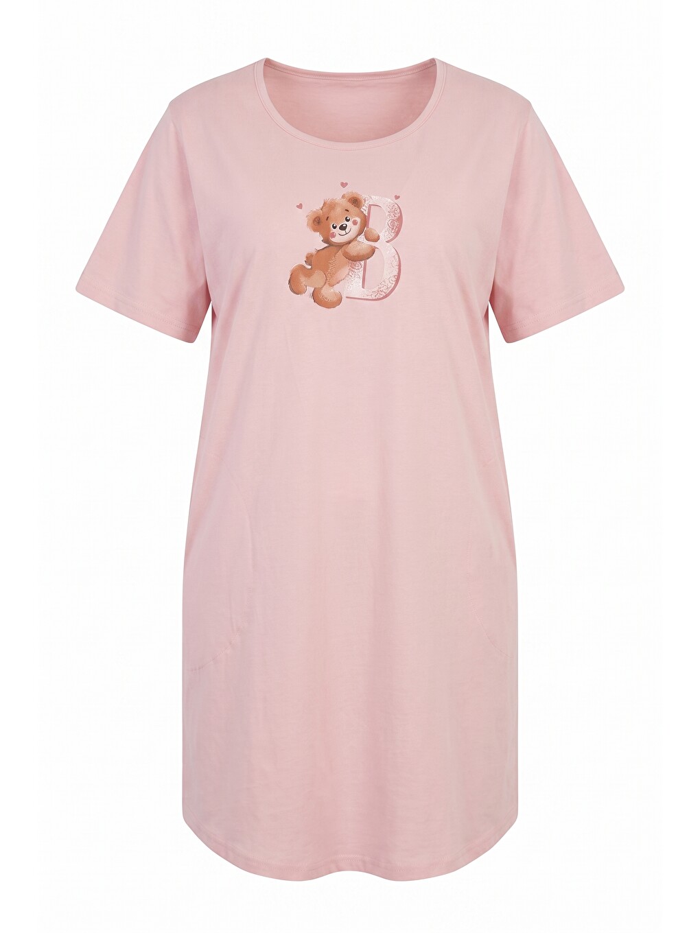 Pembe Büyük Beden Bisiklet Yaka Penye Pijama Gecelik-5