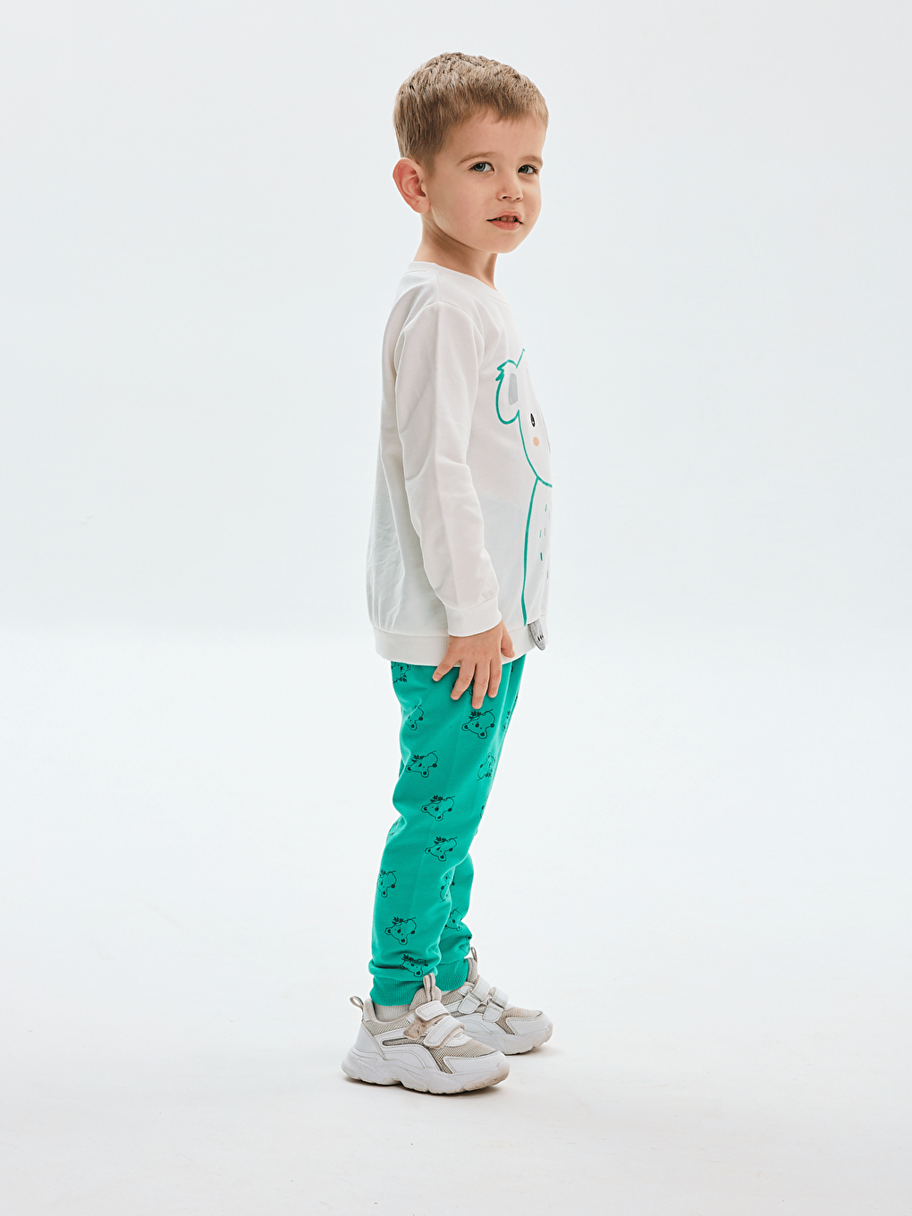 Yeşil Bisiklet Yaka Baskılı Erkek Bebek Sweatshirt ve Eşofman Alt 2'li Takım-3