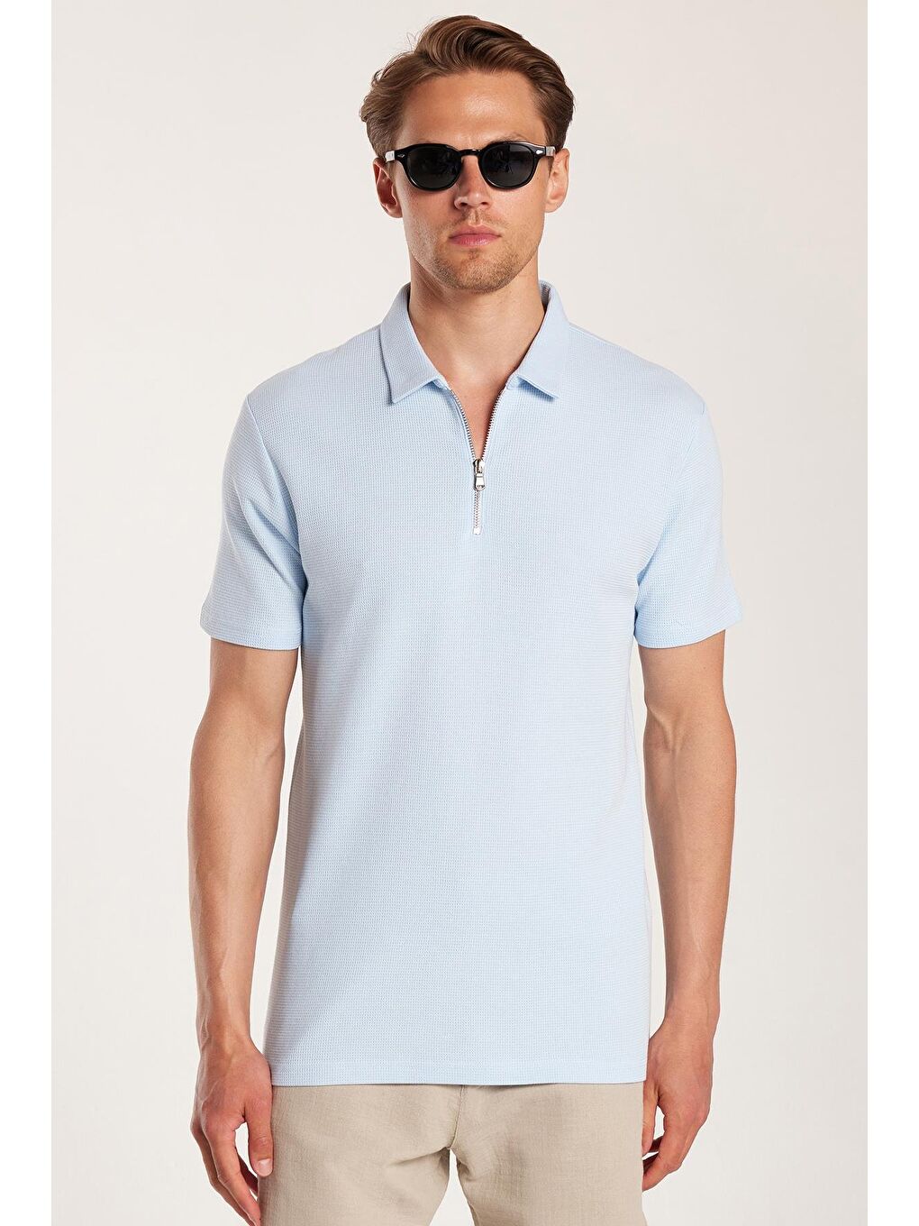 Erkek Slim Fit Dar Kesim %100 Pamuk Fermuarlı Mavi Polo Yaka Tişört-1