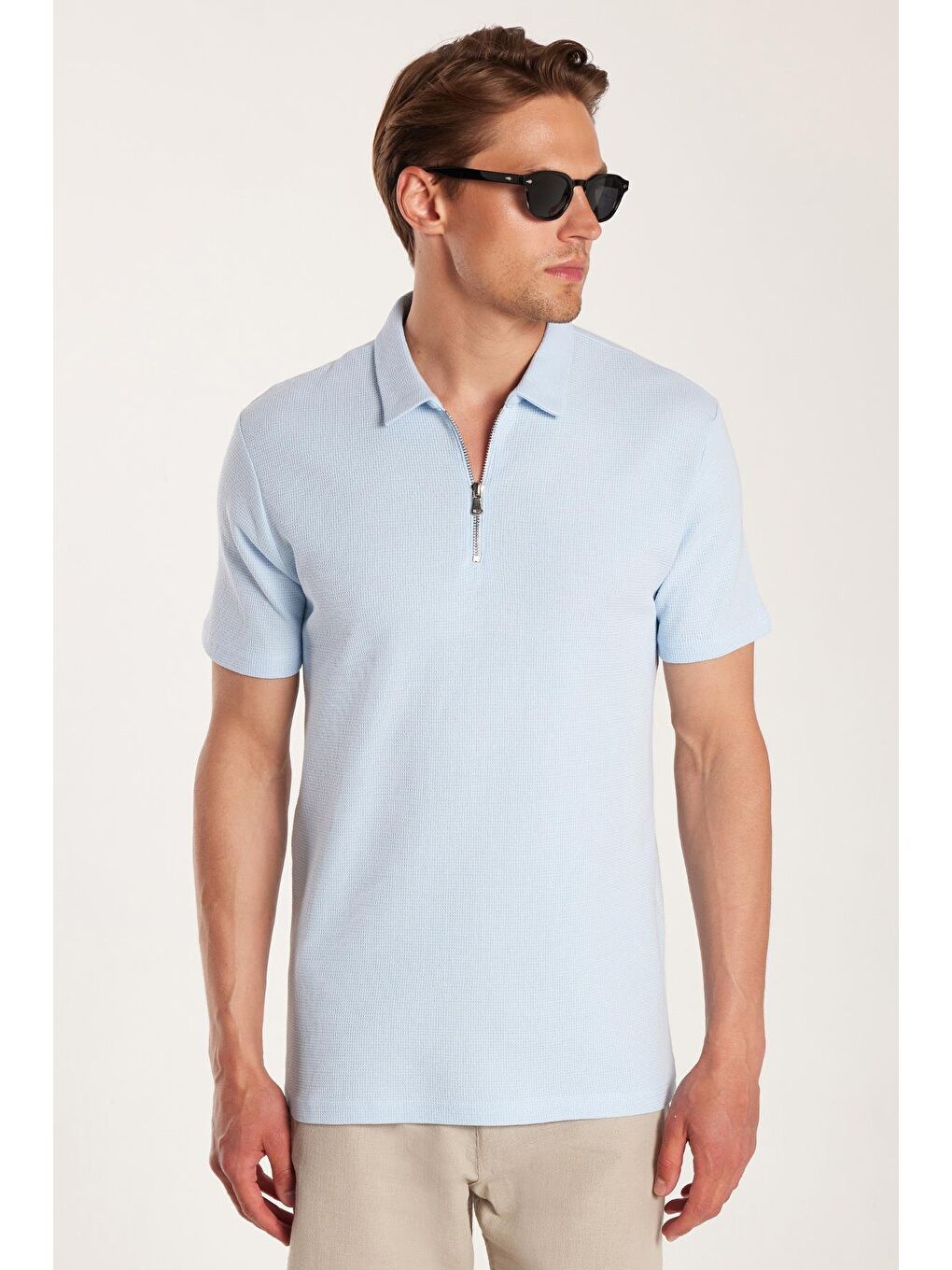 Erkek Slim Fit Dar Kesim %100 Pamuk Fermuarlı Mavi Polo Yaka Tişört-3