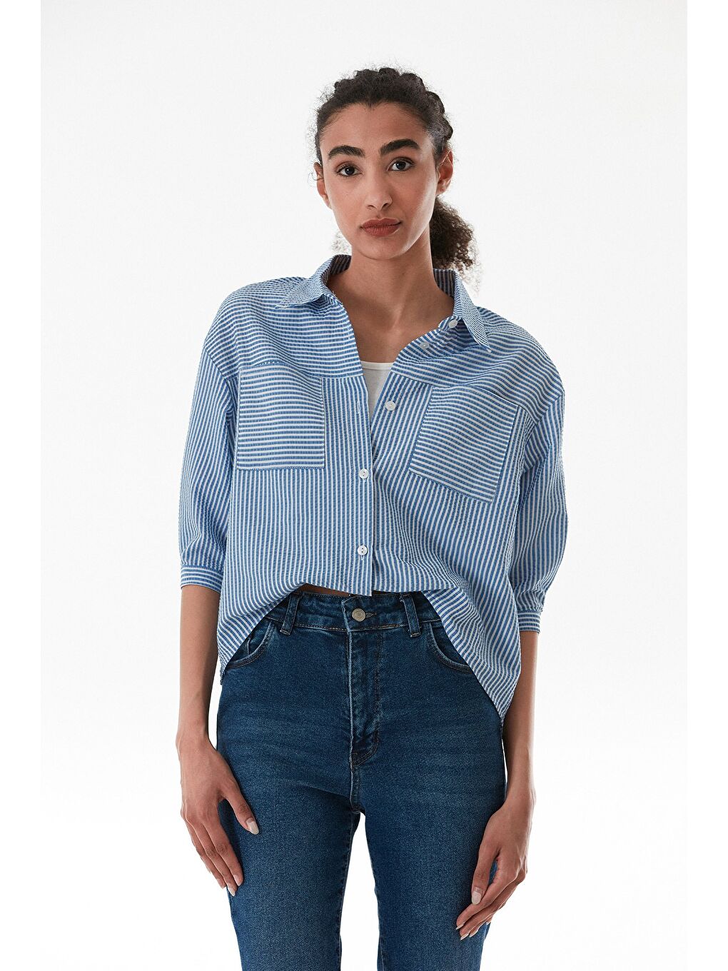 Mavi Çizgili Body Detaylı Çift Cepli Crop Gömlek