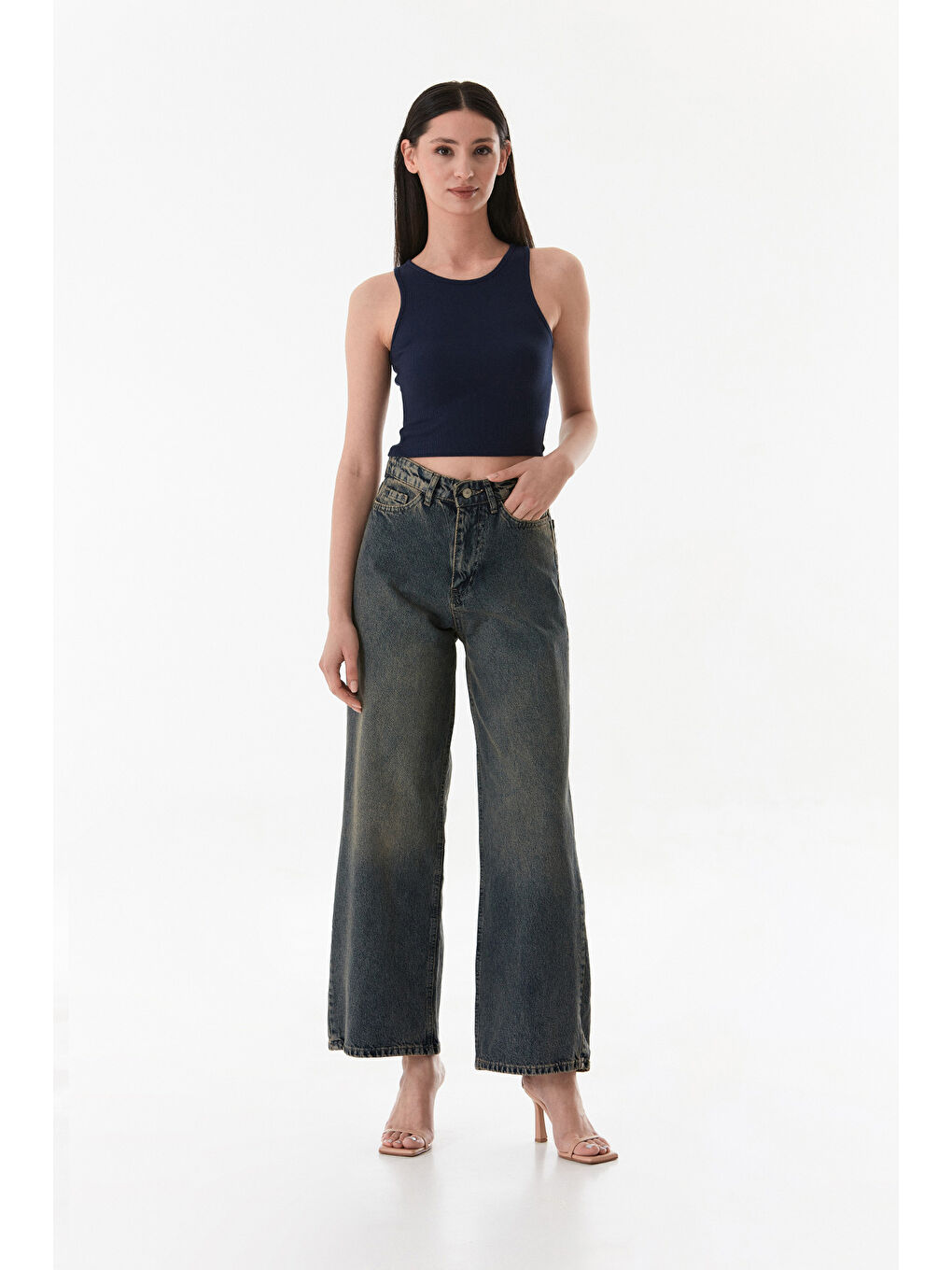 Mavi Yüksek Bel Fermuarlı Palazzo Jean