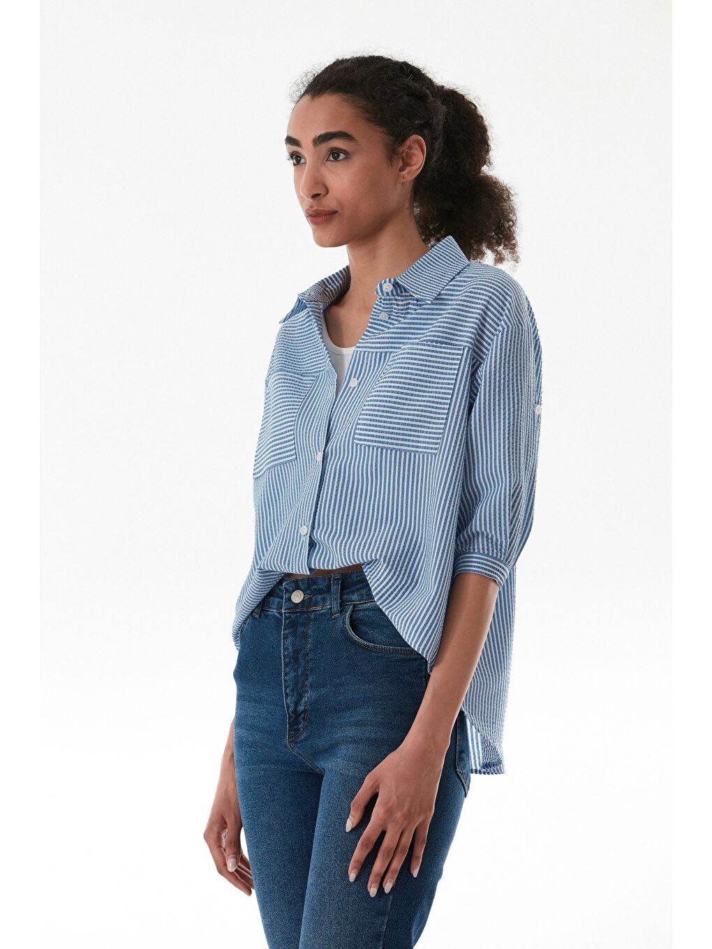 Mavi Çizgili Body Detaylı Çift Cepli Crop Gömlek-2