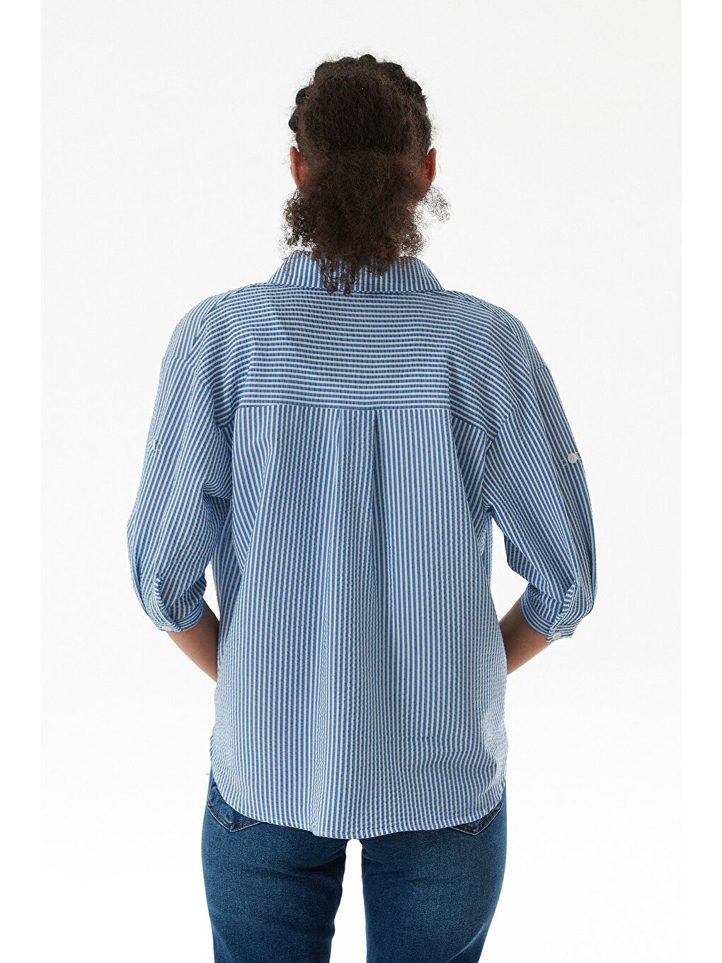 Mavi Çizgili Body Detaylı Çift Cepli Crop Gömlek-3