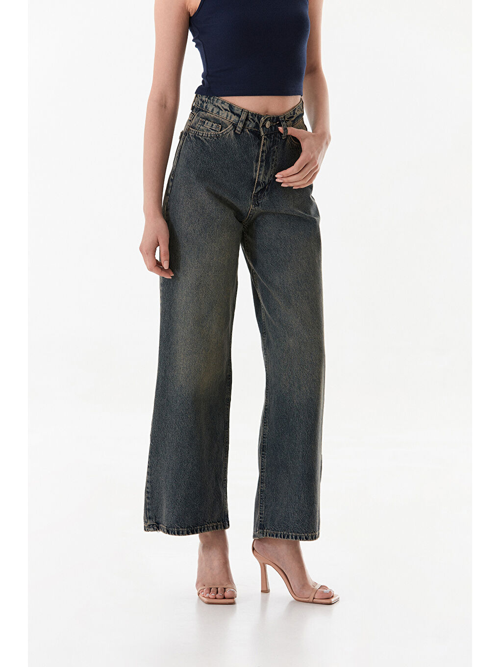 Mavi Yüksek Bel Fermuarlı Palazzo Jean-1