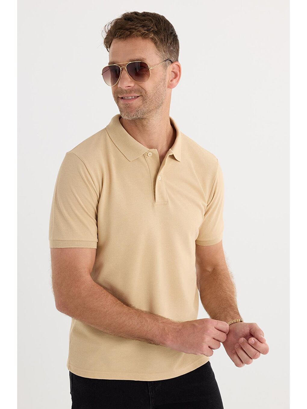 Erkek Slim Fit Dar Kesim Pamuklu Yumuşak Dokulu Serin Tutan Kumaş Düz Pike Kum Beji Polo Yaka Tişört